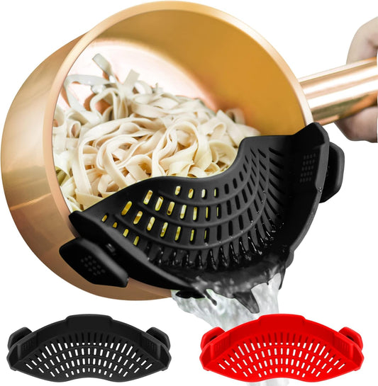 2PACK  Clip on Strainer for All Pots Pans - Silicone Kitchen Colander Food Strainer for Pasta Meat Vegetable Fruits | Easy to Use and Store, Dishwasher Safe (Blackred)