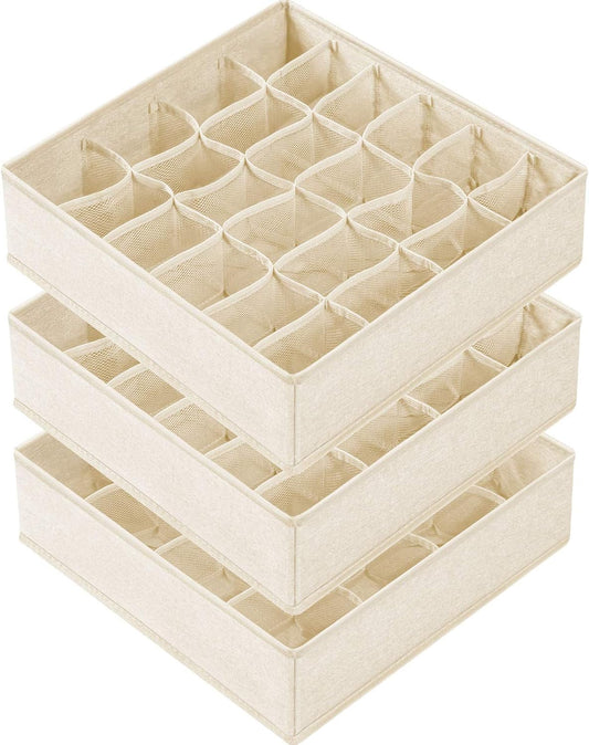 3 Pack Sock Underwear Drawer Organizer Dividers, 64 Cell Fabric Foldable Cabinet Dresser Closet Organizers and Storage Boxes for Organizing Socks, Underwear, Ties (16+24+24 Cell, Beige)