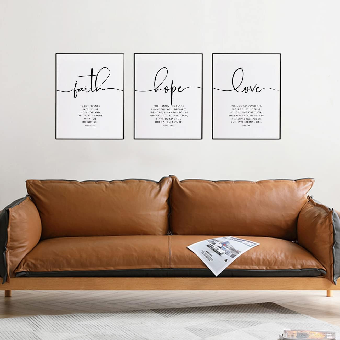 Faith Hope Love Wall Art, Bible Verse Wall Art, Christian Wall Decor, Farmhouse Christian Decor, Bedroom Wall Decor, Hebrews 11, John 3, Jeremiah 29, Scripture Quote, UNFRAMED 11X14Inch