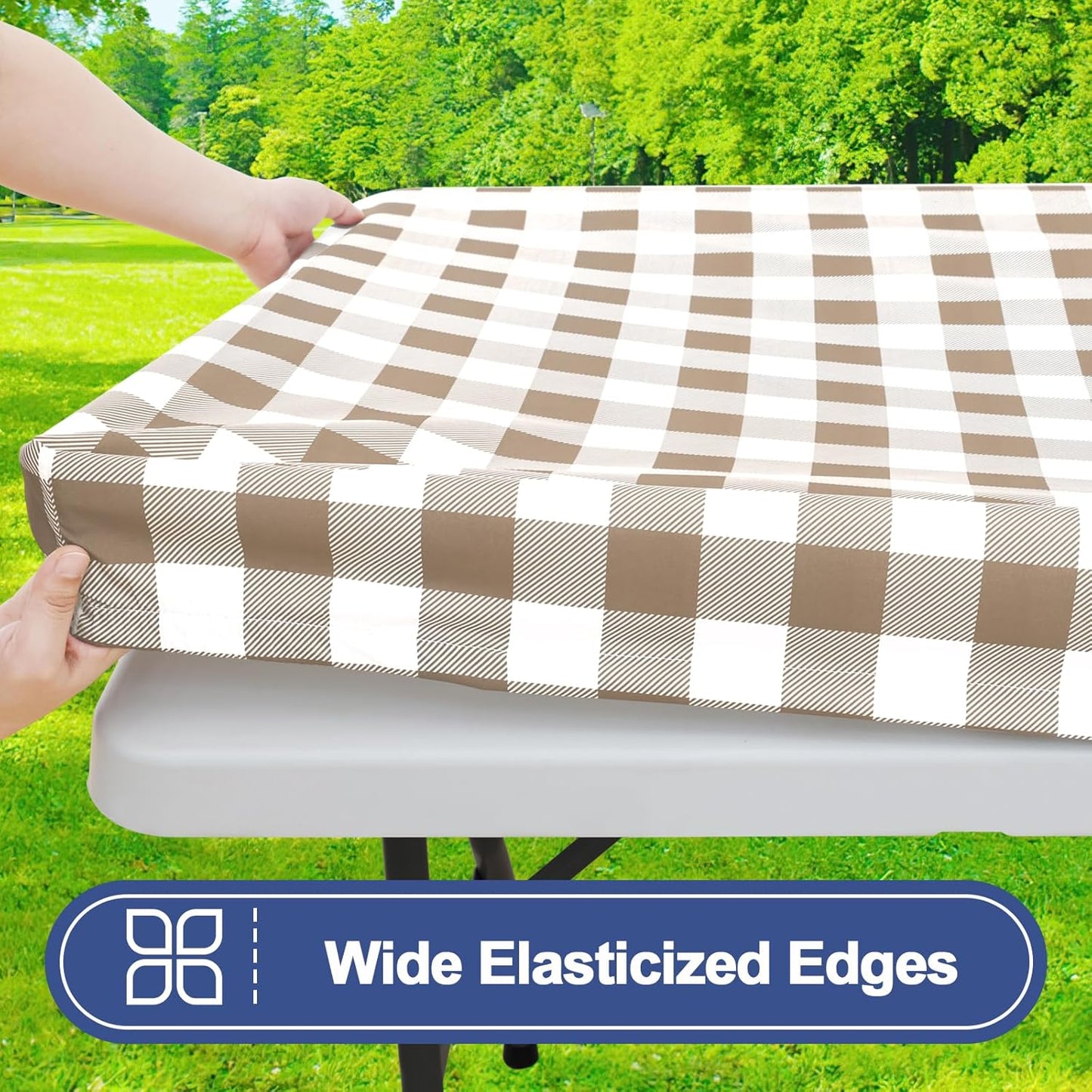 Waterproof Elastic Fitted Picnic Table and Bench Covers, Washable Buffalo Plaid Tablecloth for 6-Foot Rectangle Tables, Outdoor Use (Khaki & White, 30" x 72")
