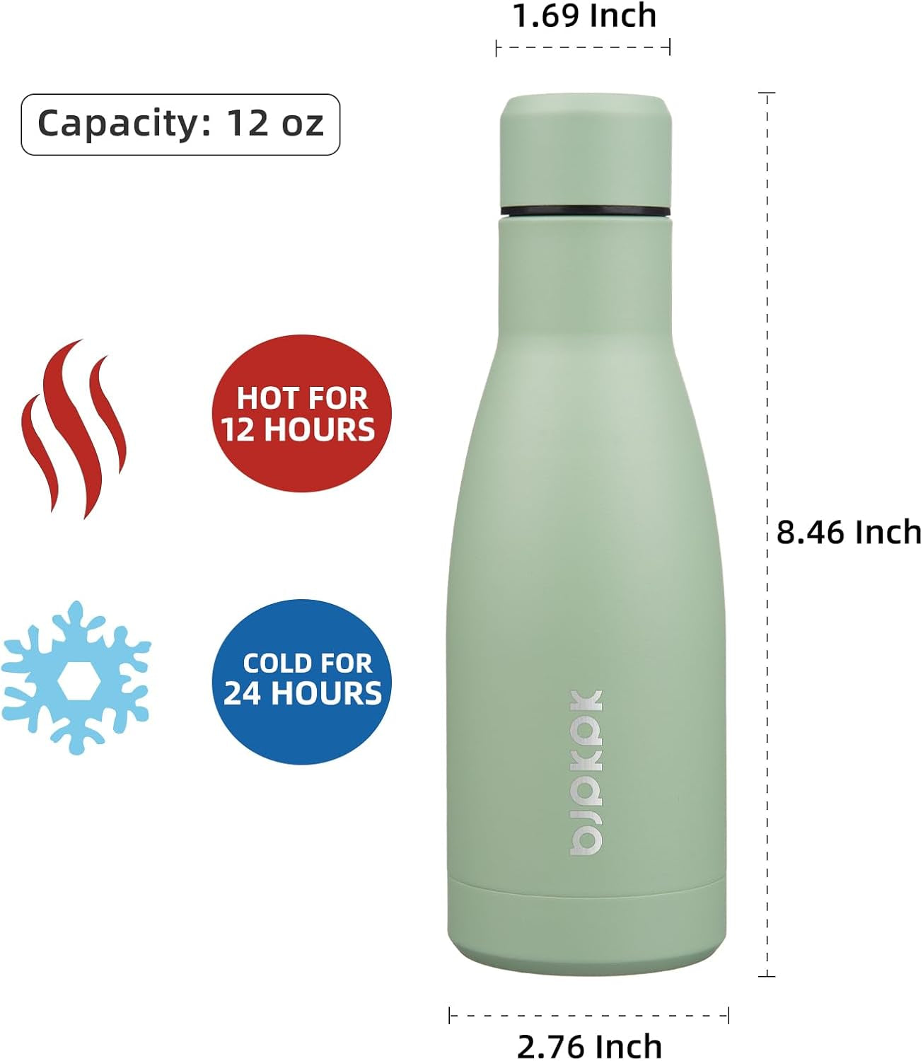 12Oz Water Bottles Stainless Steel Double Wall Vacuum Insulated Small Water Bottles for Travel,Macaron Green