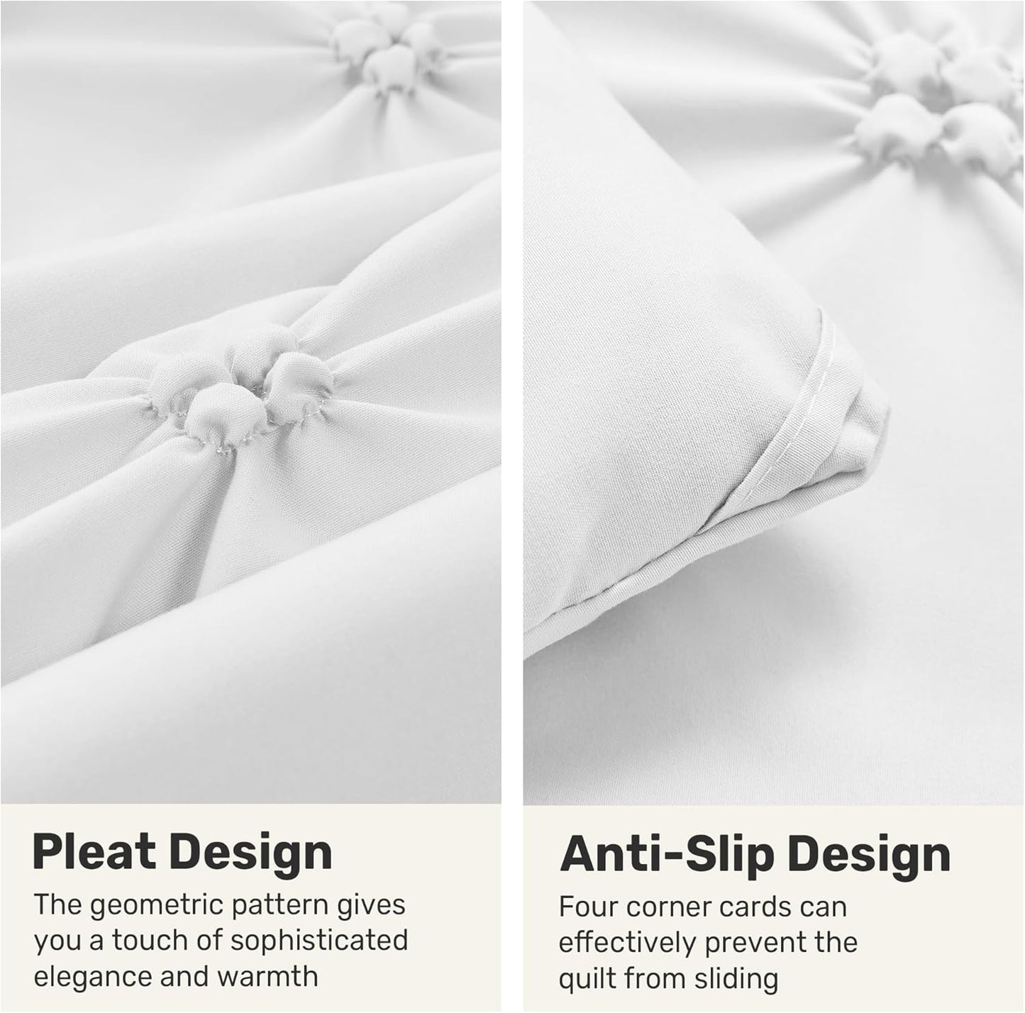 Queen Comforter Set White - Lightweight Soft Pintuck down Alternative Bedding Set for Summer, All Seasons, 3 Pieces Pinch Pleat Solid Bed Set with Comforter, 2 Pillowcases