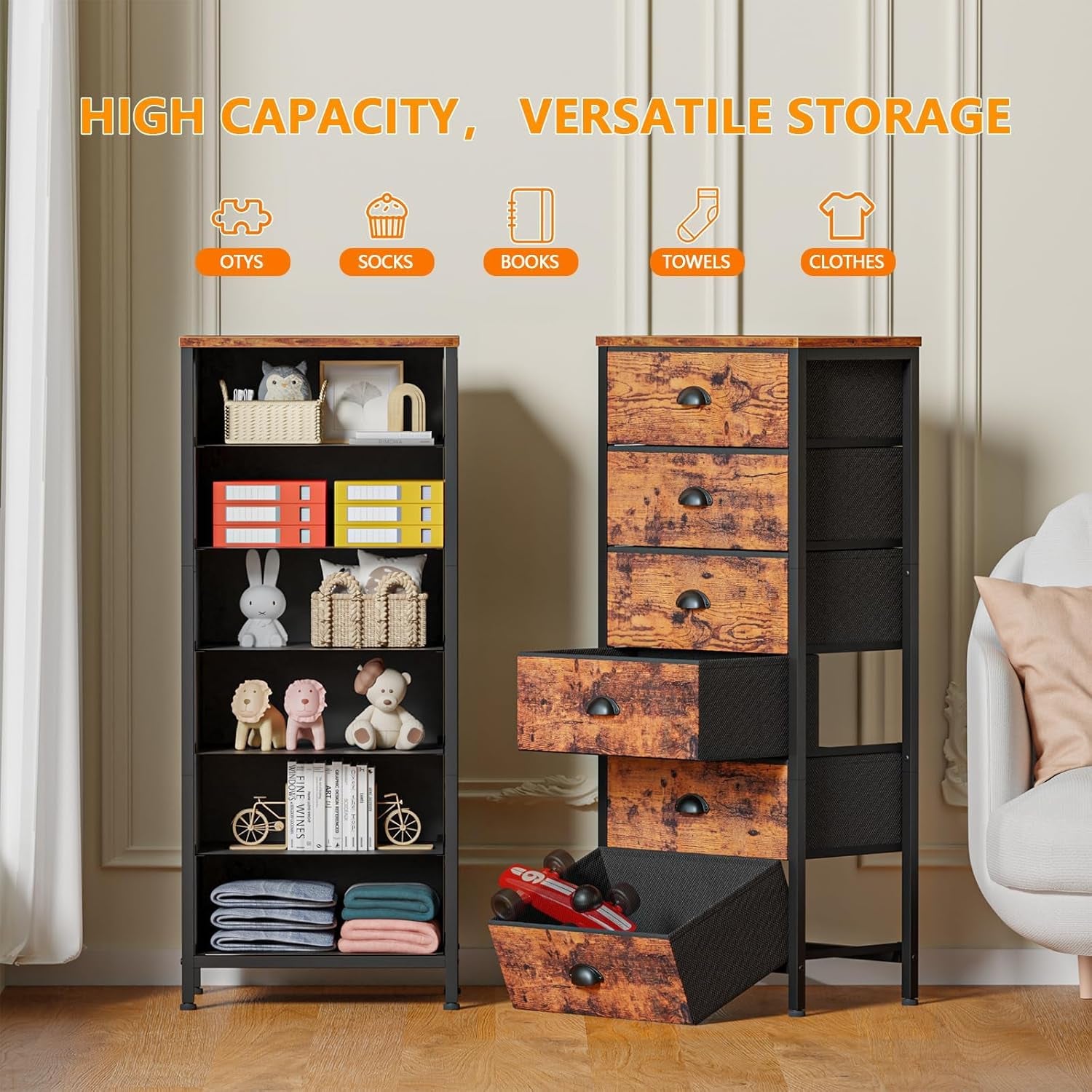 Industrial-Style Tall Dresser with 6 Drawers, Vertical End Table, and Nightstand for Bedroom, Featuring Fabric Storage Drawer Organizer for Living Room, Closet, and Entryway (Rustic Brown)