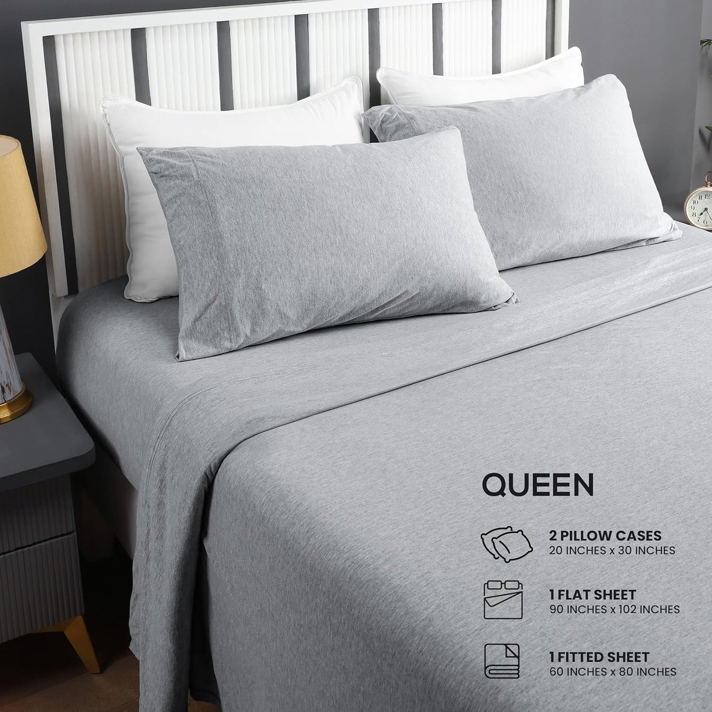 Queen Sheet Set - Jersey Knit Sheets 4 Piece – Cotton – Soft T-Shirt Stretchy Sheets (Heather Light Grey)