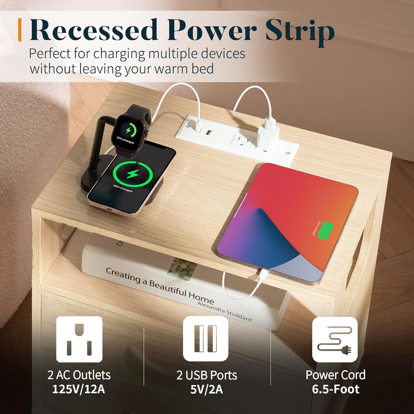 LED Night Stand with Charger Station, Mid Century Modern Nightstand with Fabric Drawers, Bedside Table Nightstands with Storage Shelf, Bed Side Table Small Night Stands for Bedroom Living Room