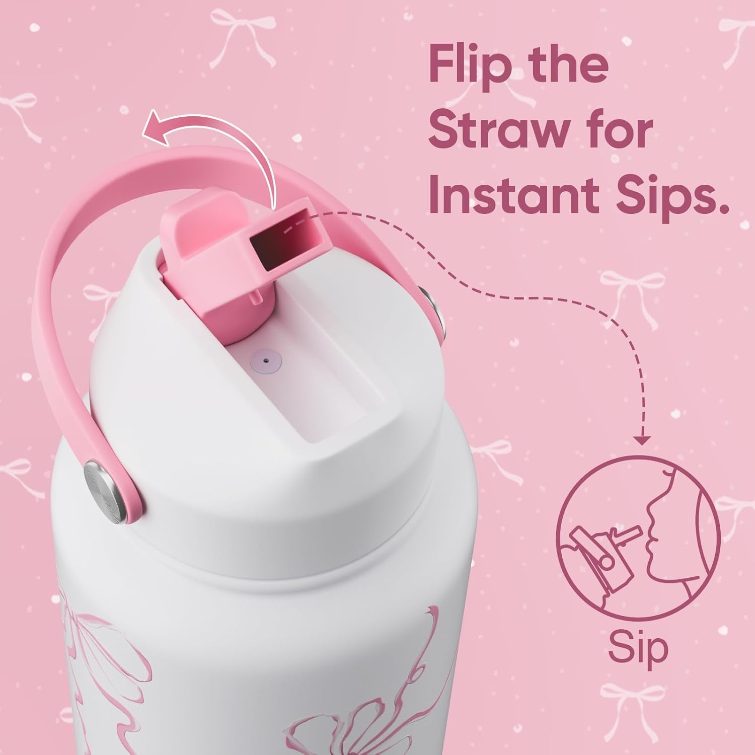 32 Oz Stainless Steel Insulated Water Bottle with Flip Straw and Handle, Leak-Proof, Reusable Wide Mouth Design for Travel, Gym, and School (Breeze Pink Bow)