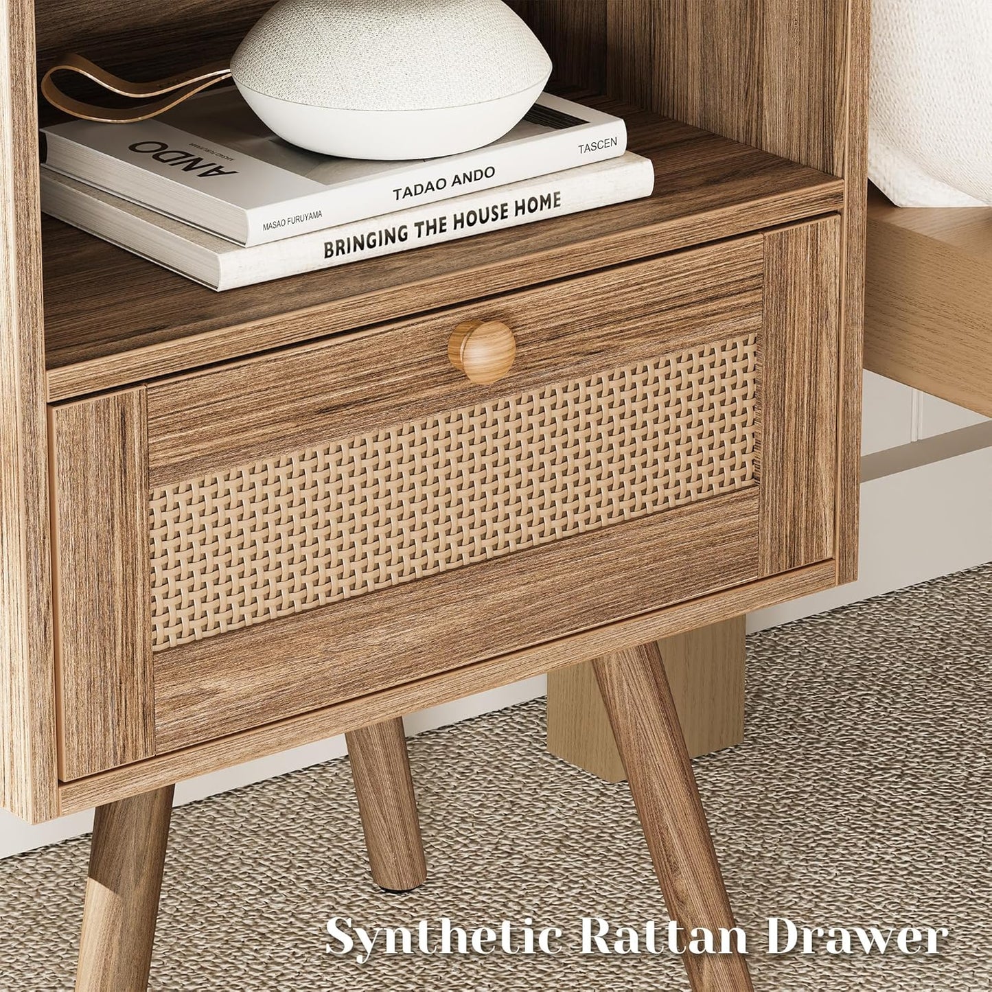 Walnut Nightstand with Integrated Charging Station and Rattan-Style Drawer, Solid Wood Legs, Open Storage Design for Bedroom, Living Room, and Dormitory