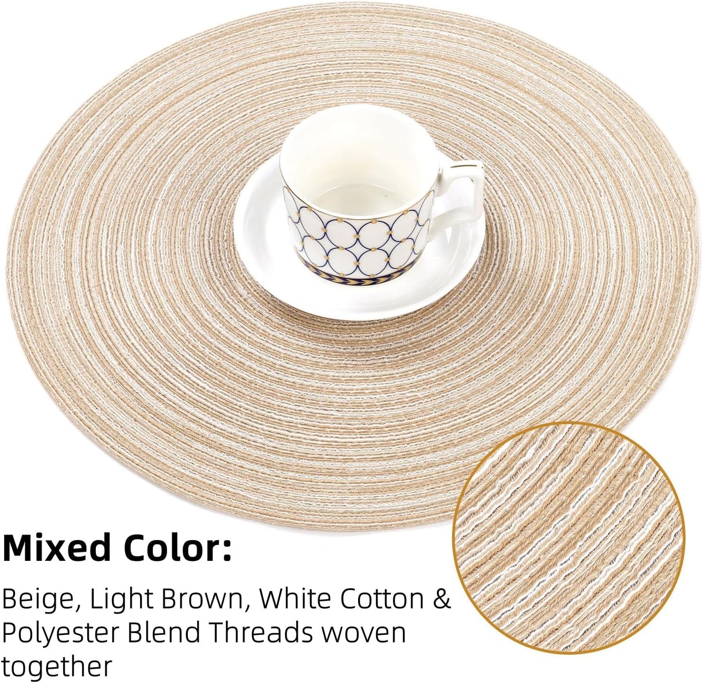 round Braided Placemats Set of 4 round Table Mats for Dining Tables 15 Inch Washable Kitchen Table Place Mats Indoor (Beige, 4)