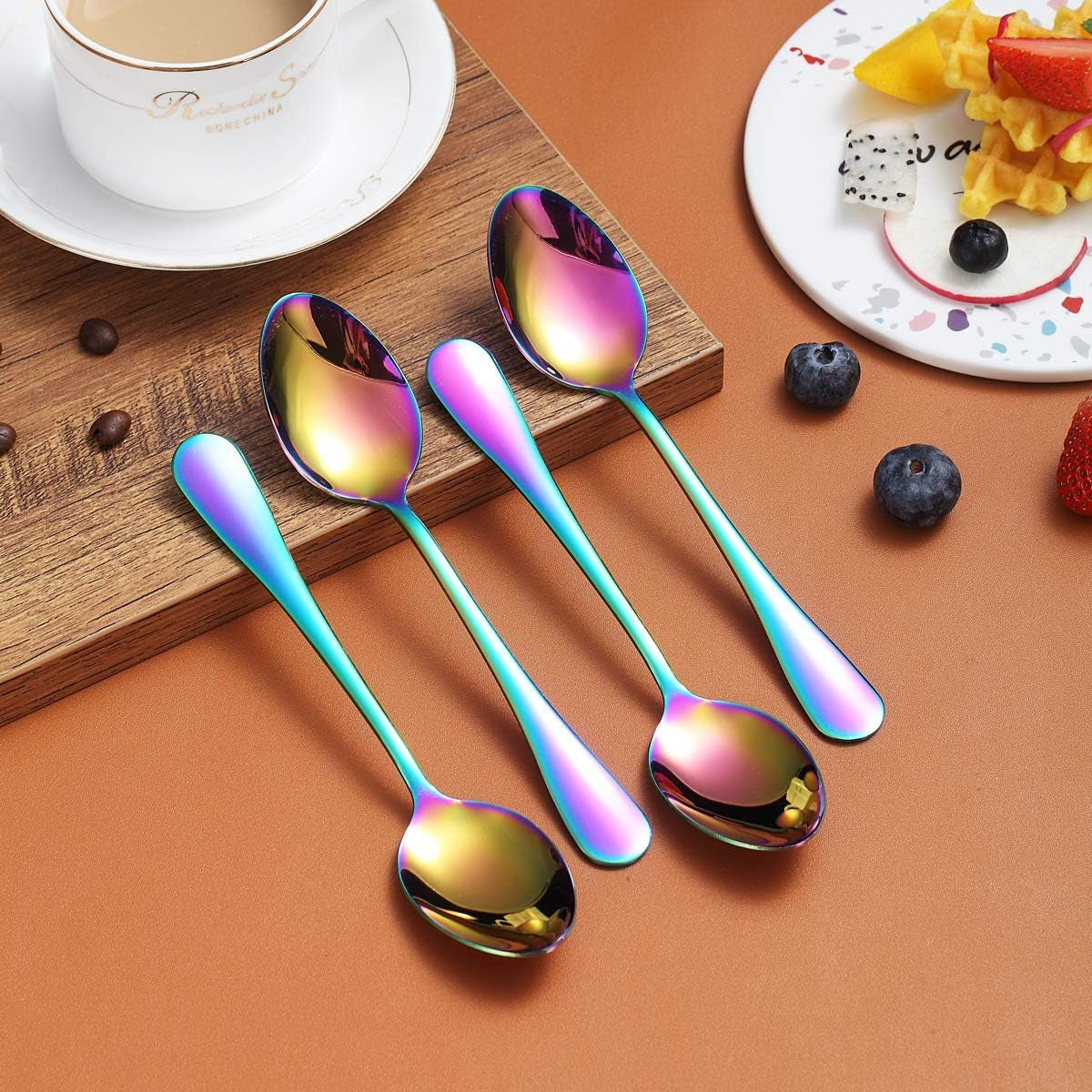 Set of 4 Rainbow Teaspoons, 6.5" Stainless Steel with Titanium Plating, Multi-Color Dessert Spoons, Easy to Clean and Dishwasher Safe