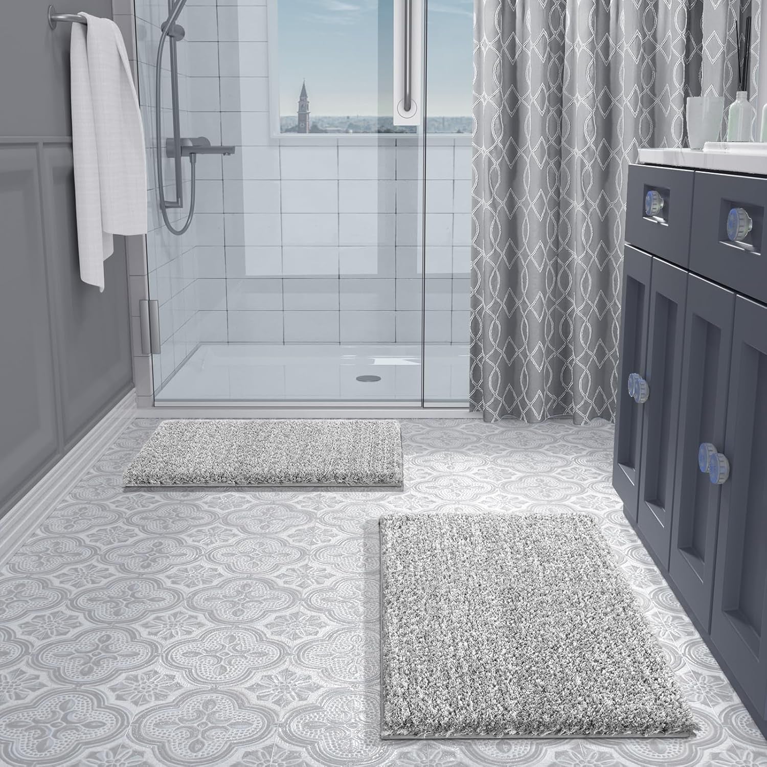 Fluffy Bath Rug Set,Shaggy Soft Non Slip Bathroom Rugs, Machine Washable,Thick Bathroom Floor Rugs for Shower Bath Mat,Water Absorbent, 24X17+32X20 Inches, Light Gray and White