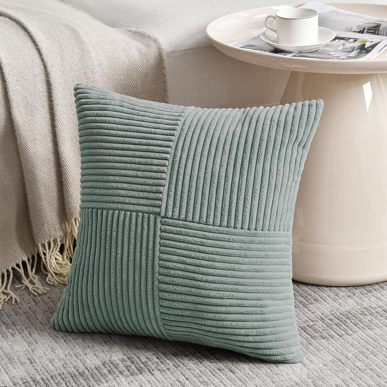 2 Packs Grey Blue Decorative Throw Pillow Covers 18X18 Inch for Couch Bed Sofa, Rustic Boho Farmhouse Home Decor, Soft Corss Corduroy Patchwork Textured Square Cushion Case 45X45 Cm