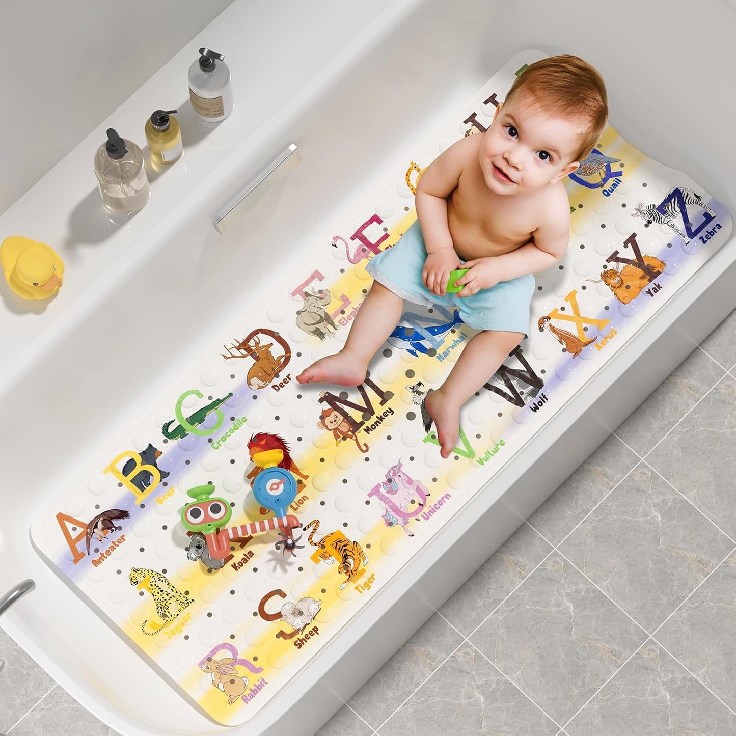 Baby Bath Mat Non Slip, Cartoon Kids Bath Mat for Tub 40 X 16 Inches Full Size Shower Stall Mats - Alphabets & Animals