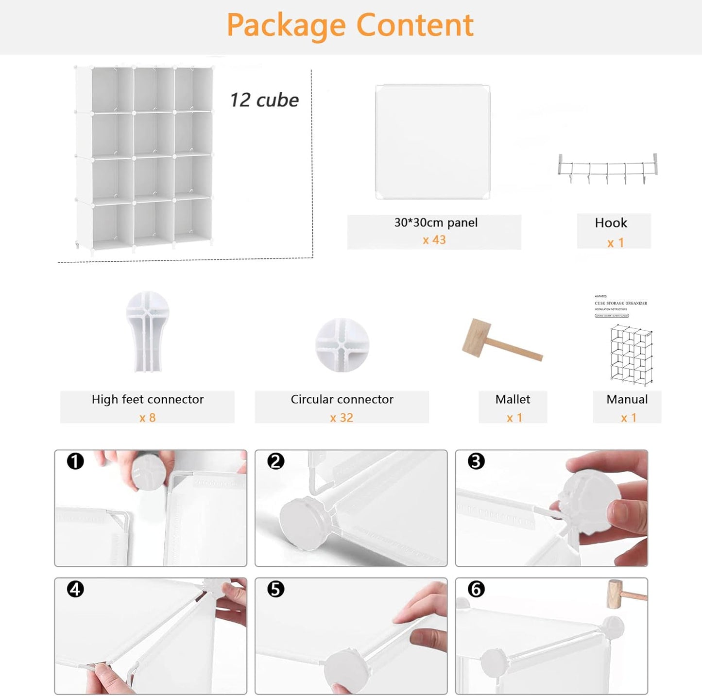 Cube Storage Organizer Storage 12 Cube Bookshelf DIY Plastic Closet Clothes Storage Shelves with Wooden Mallet, Stackable Storage Solution for Home, Bedroom, White