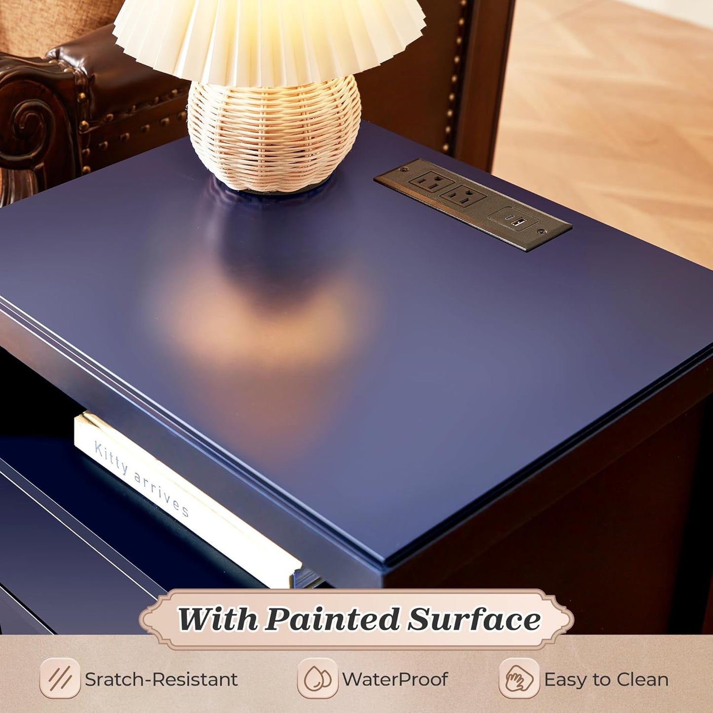 Modern Blue Nightstand with Charging Station and Two Drawers, Stylish Bedside Table for Bedroom Storage with Metal Knobs and Painted Finish