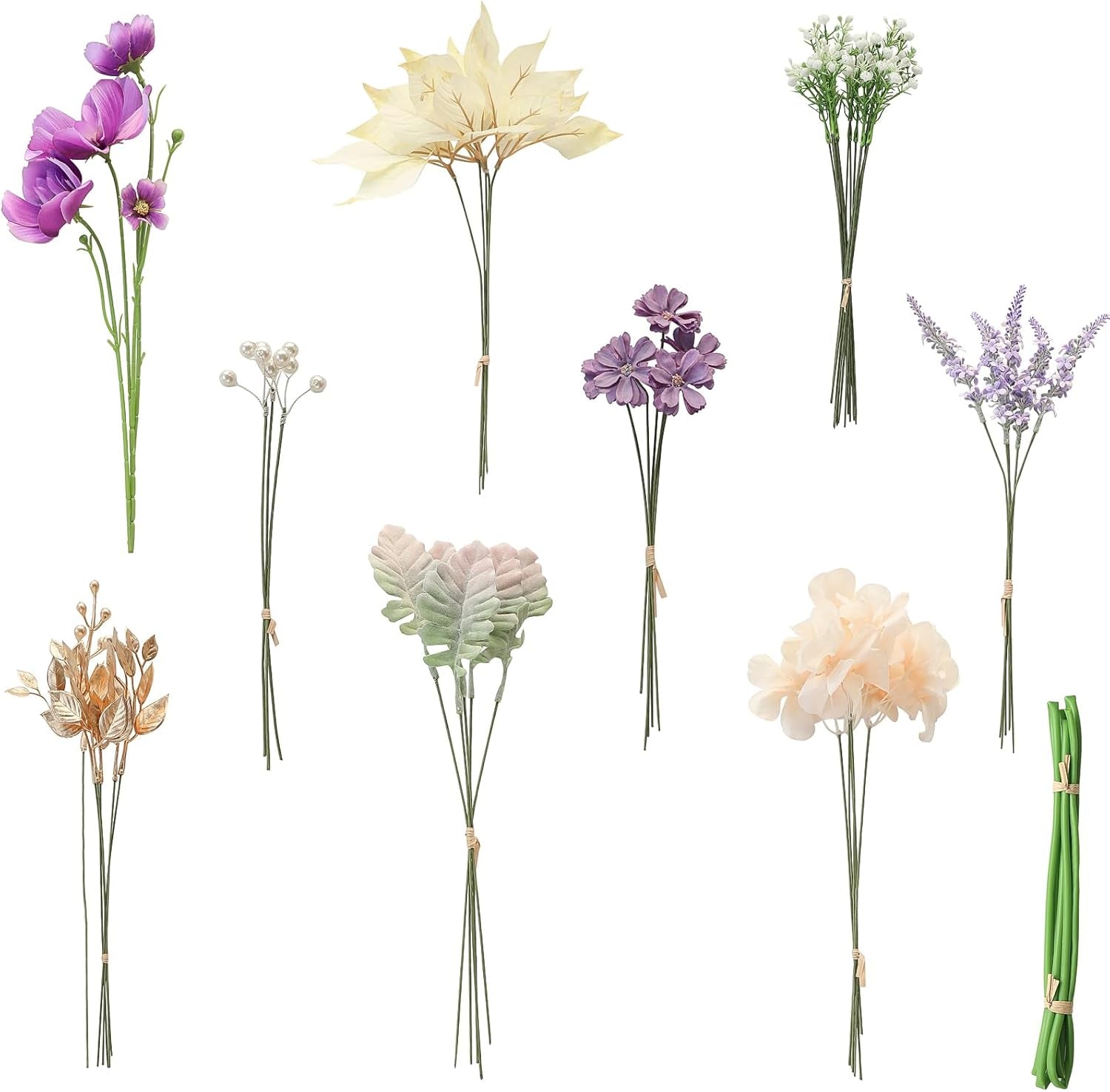 Artificial Greenery Stems Box Set - 45 Pieces of Faux Floral Picks for DIY Bridal Bouquets, Wedding Arrangements, and Table Centerpieces in Lavender and Gold