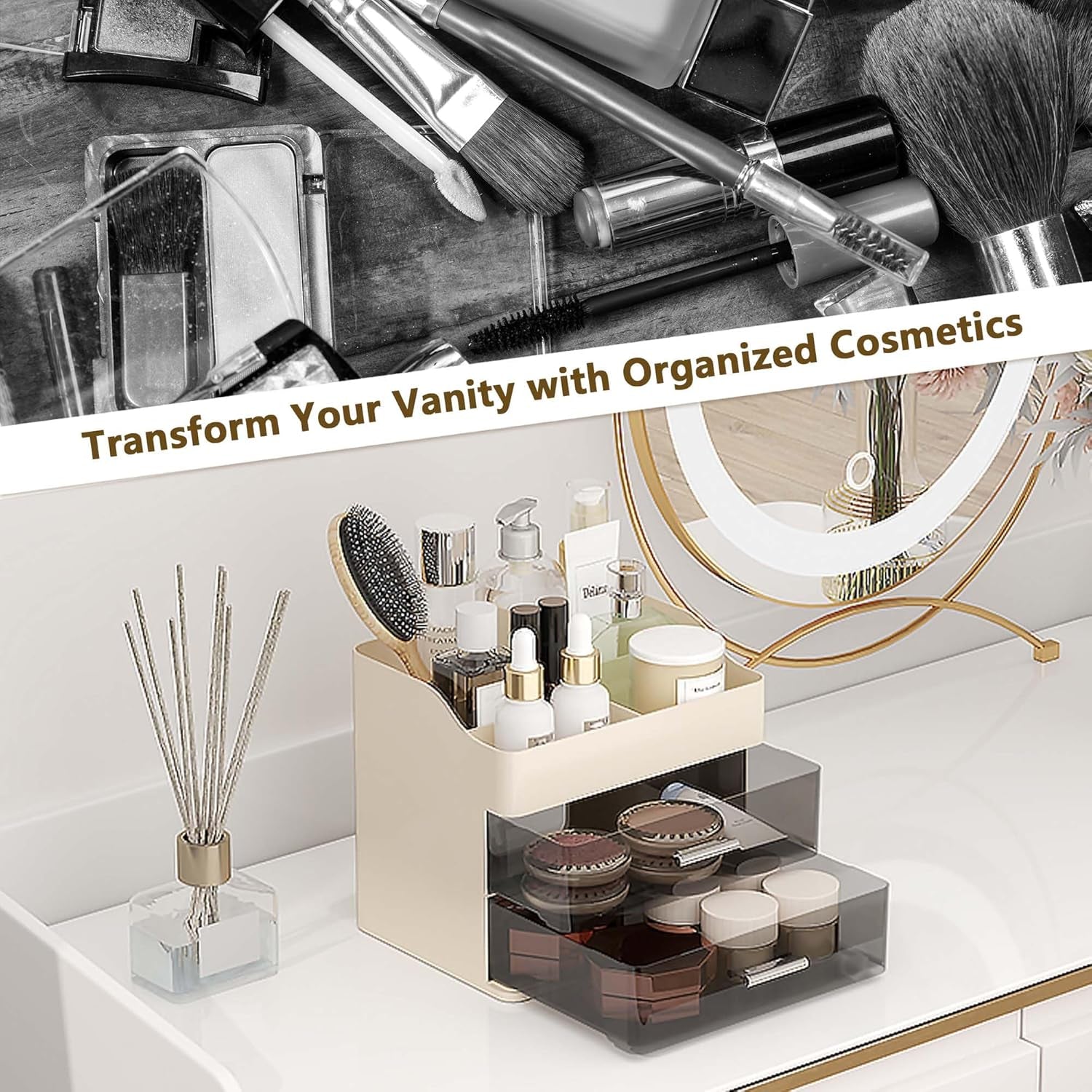 Makeup Organizer Countertop, 3-Tier Large Capacity Bathroom Counter Organizer with 2 Clear Drawers for Easy Access, Ideal for Makeup, Skincare, Lipsticks, Office Supplies, Present, Etc, Beige