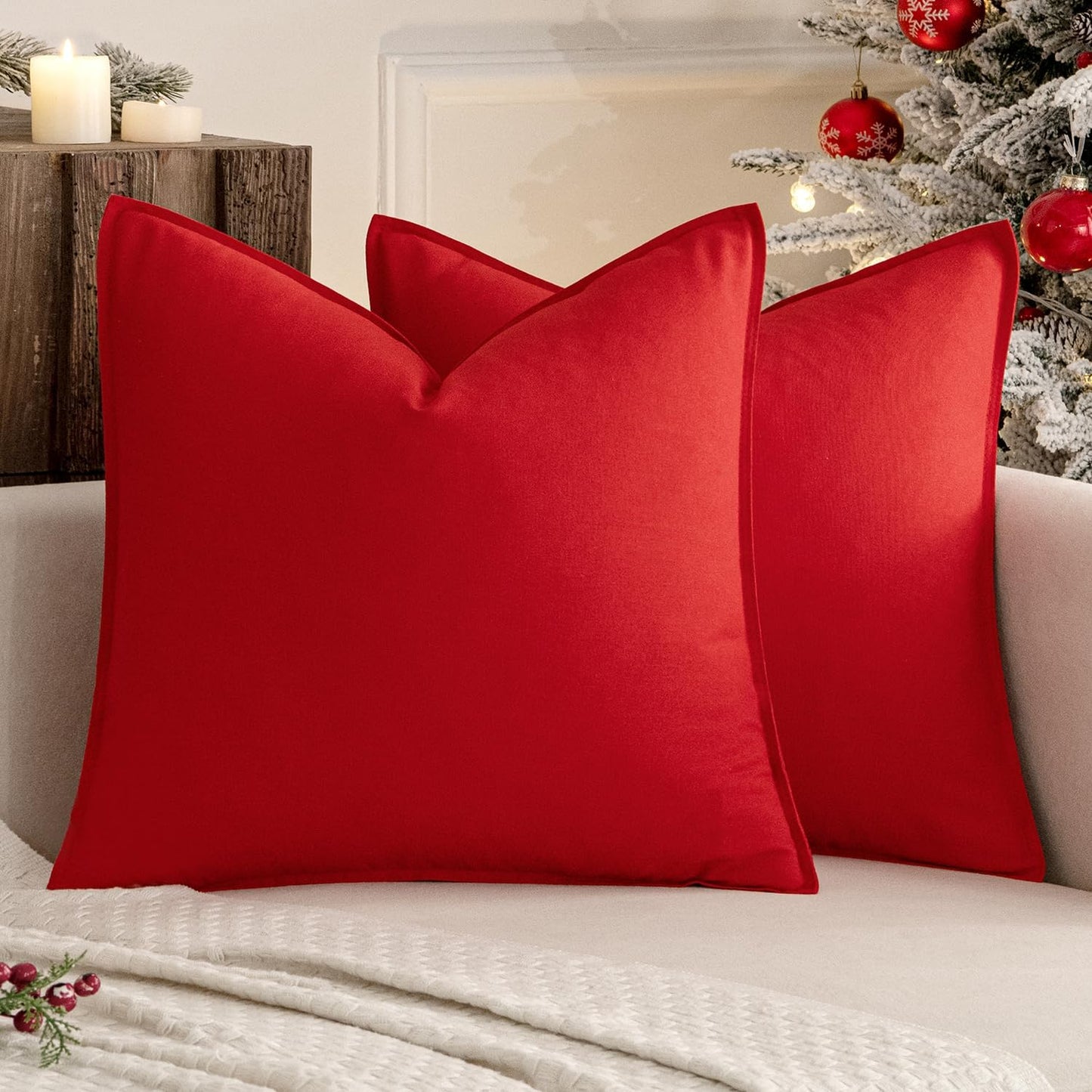 Pack of 2 Christmas Decorative Linen Pillow Covers Boho Farmhouse Modern Soft Accent Throw Pillows Neutral Cushion Covers for Sofa Couch Bed Living Room Home Decor, 18X18 Inch Christmas Red