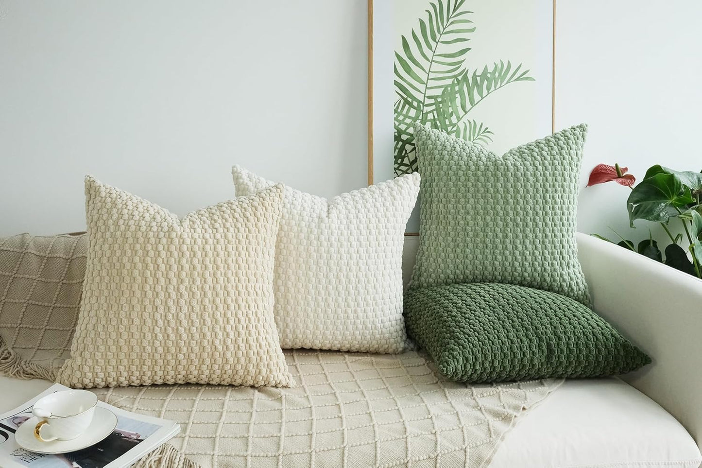Pack of 4 Spring Decorative Throw Pillow Covers Farmhouse Boho Home Decor Striped Corduroy Square Pillowcases 18 X 18 Inch Green