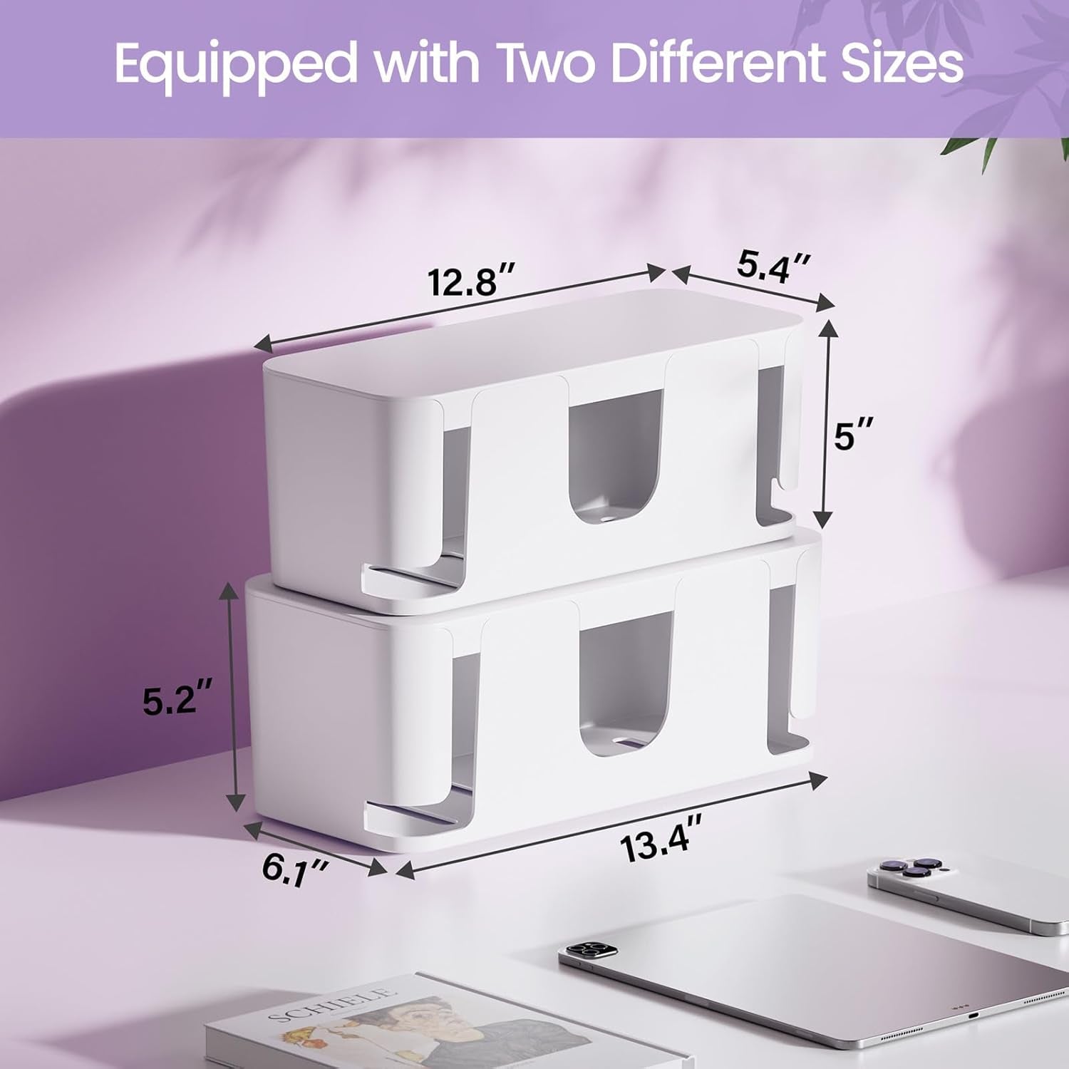 2 Pack Cable Management Box, Stylish Cord Organizer for Desk, Pet & Child-Proof ABS Cords Hider Box, under Desk Cable Box for Computer Router USB Hub & Power Strip, White