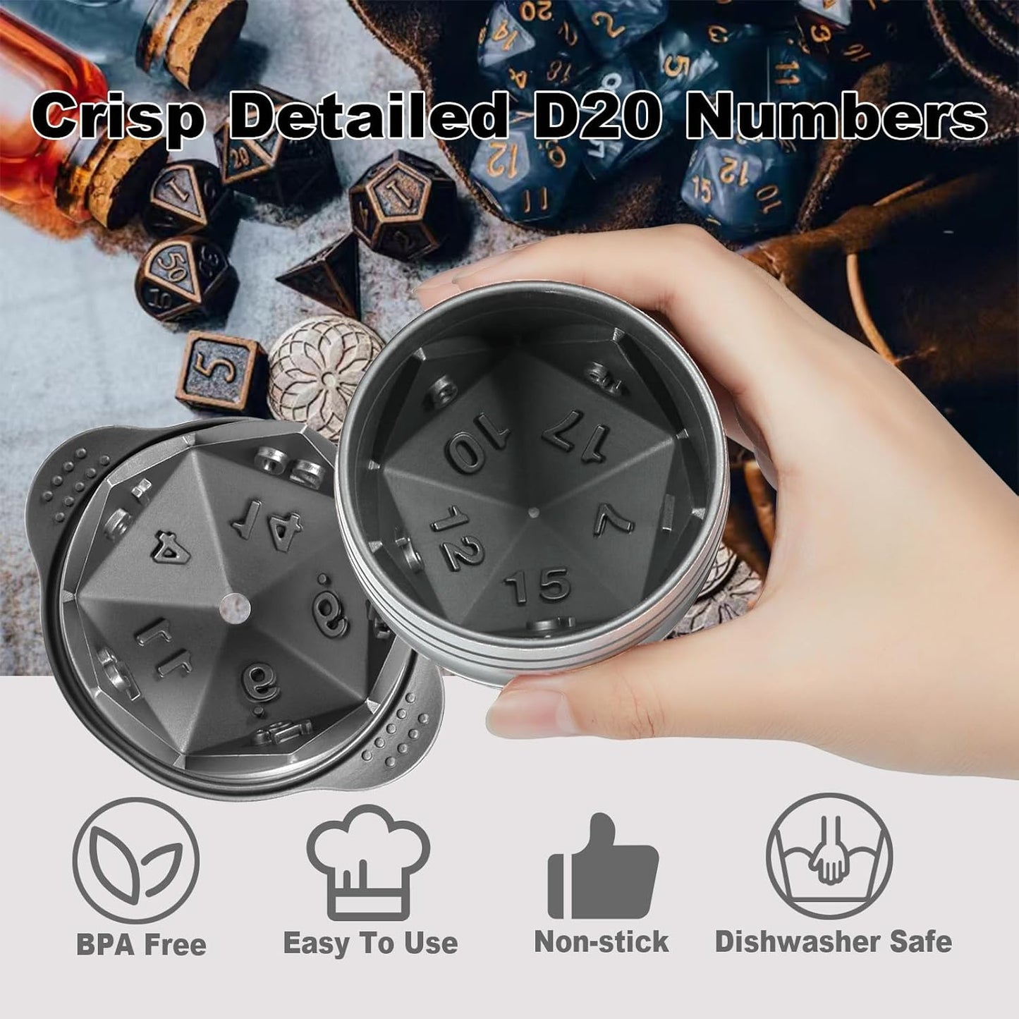 D20 Dice Ice Mold, DND Gamer Gifts for Men Women, Cool Christmas Stocking Stuffers Ideas for Adults TTRGP Lover, Large Silicone D&D Accessories Ice Cube Tray for Cocktails,Bourbon,Whiskey