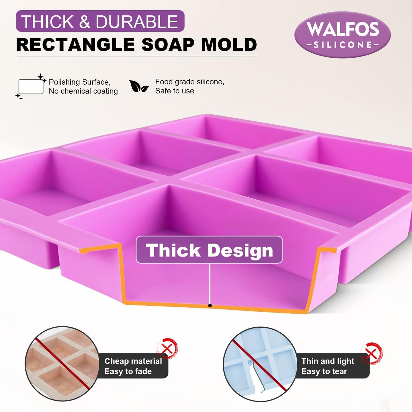 Silicone Soap Molds Set of 3, 6 Cavities Rectangle Silicone Soap Molds for Homemade Craft Soap Mold, Cake,Chocolate & Ice Cube Tray(Blue & Purple & Pink)