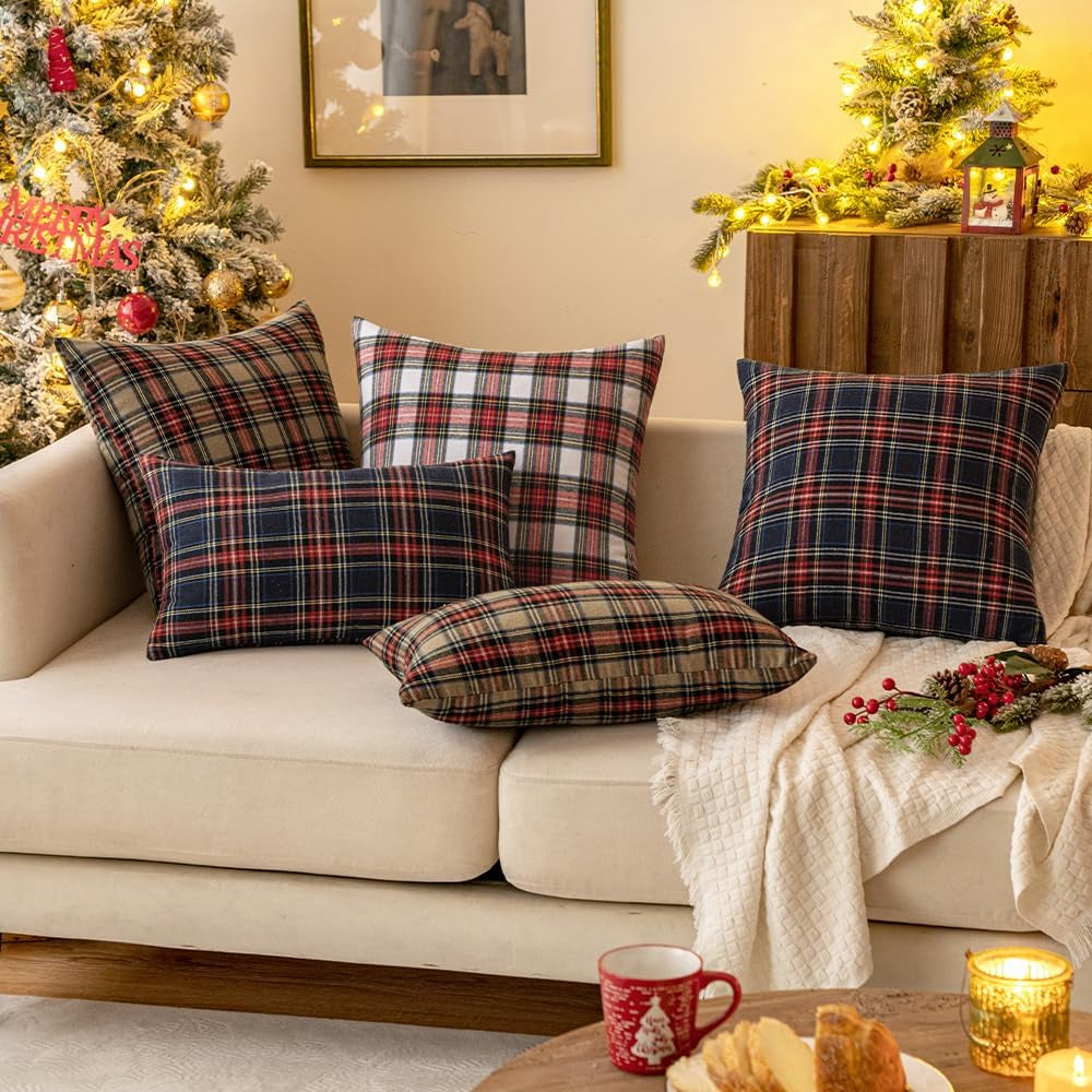 Scottish Tartan Plaid Throw Pillow Covers - Set of 2, 18x18 Inch Decorative Cushion Cases for Farmhouse and Outdoor Use, Blue