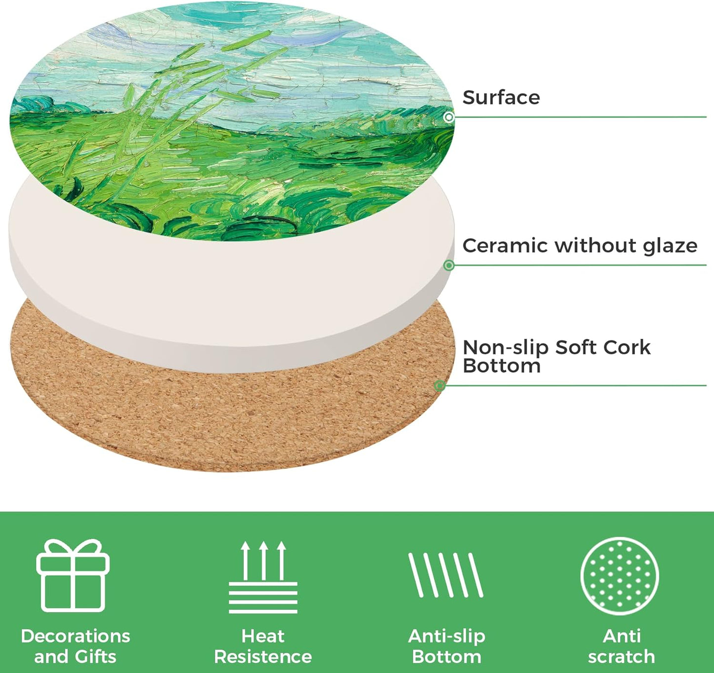 Drink Coasters with Holder, Coasters for Drinks-Set of 6, Van Gogh Paintings Art Ceramic Coasters for Coffee Table Gifts Home Decor, Green, 4 Inches, 10CM