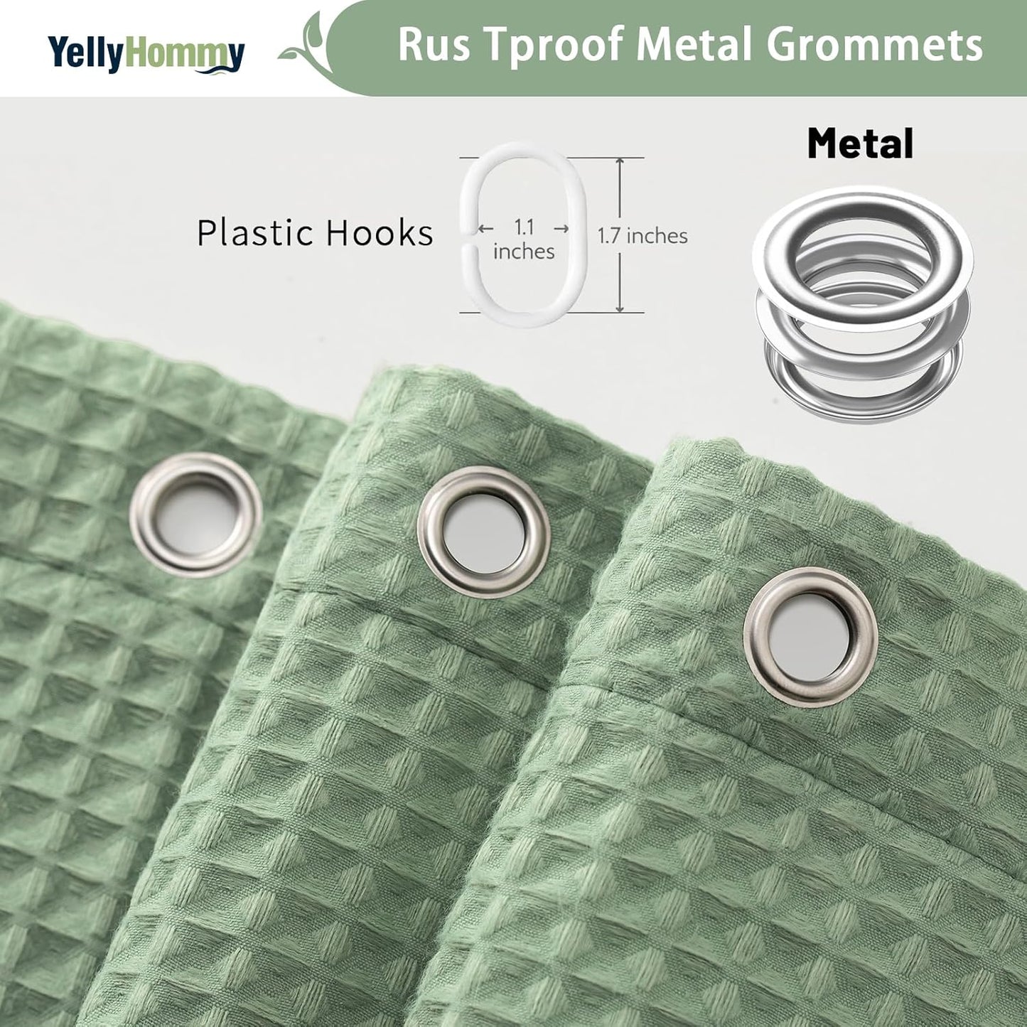 Cotton Touch Shower Curtain Heavy Duty Green Waffle Textured Shower Curtain with Hooks 54 Wx78 L