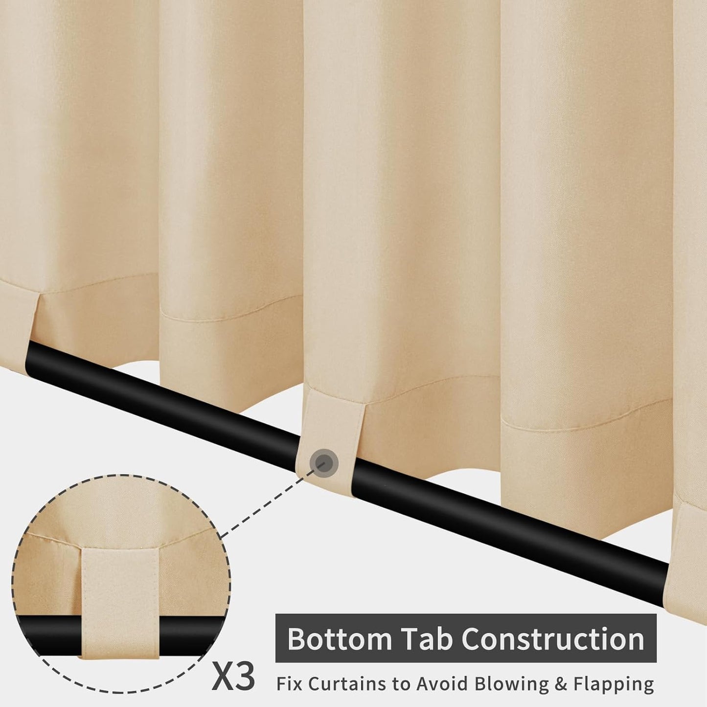 Outdoor Patio Curtains Detachable Tab Top Windproof Weatherproof Curtain for Cabana, Porch, Pergola and Gazebo, Tab Bottom Drape, 2 Panels, 54W X 84L Inch, Beige