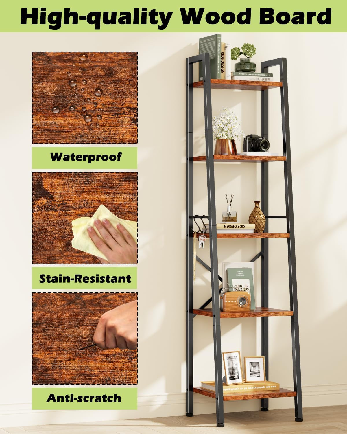 5 Tier Ladder Shelf Bookcase, Tall Narrow Bookshelf with 2 Hooks, Rustic Brown Bathroom Corner Book Shelf, Metal Wood Book Case Standing Unit, Display Shelf for Living Room Office Kitchen