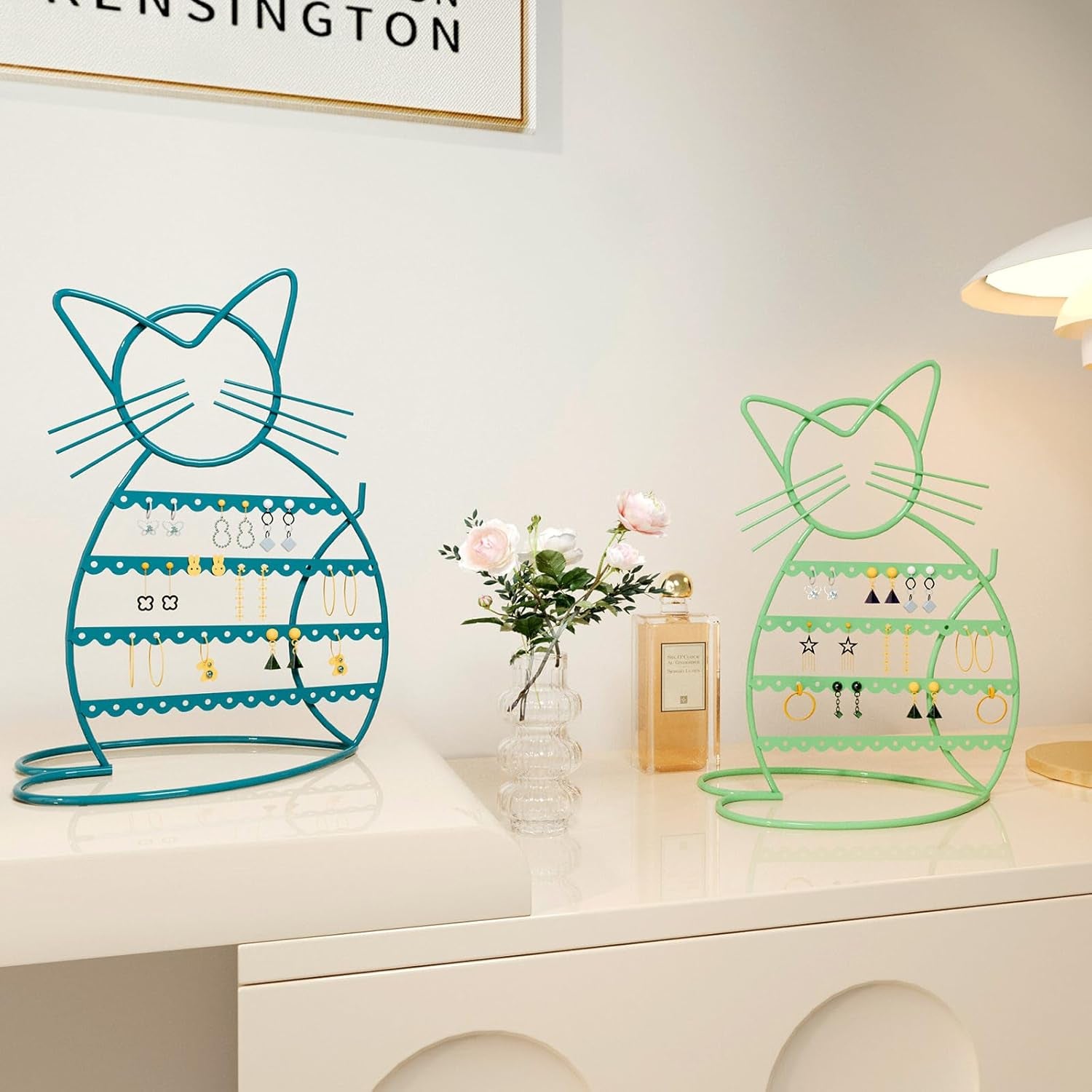 Jewelry Organizer Stand Cat Shaped Earring Holder Organizer Metal 48 Stud Earring Holes Jewelry Holder, Metal Jewelry Display Vanity Organizer for Girls - Blue