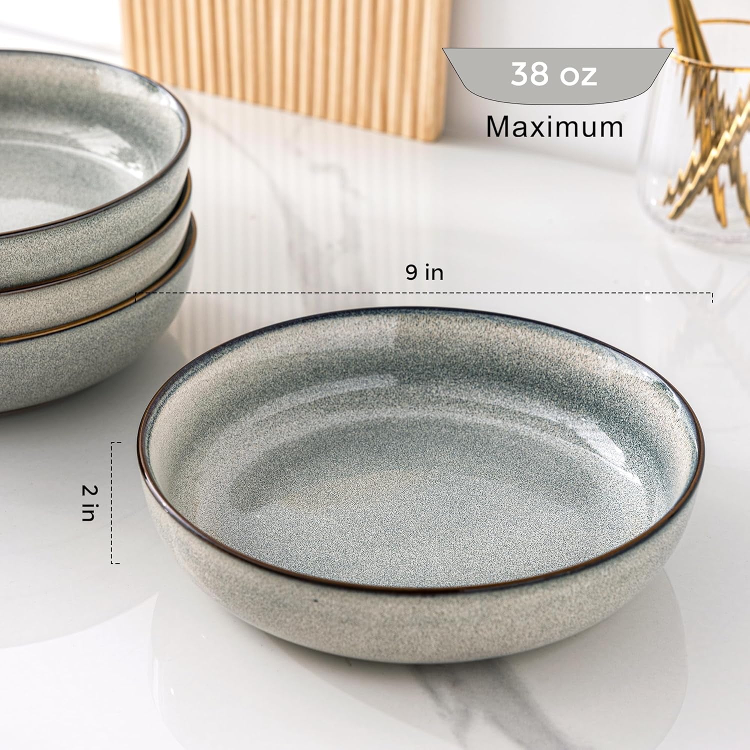 Large 9-Inch Ceramic Pasta Bowls Set of 4, 38oz Stoneware Serving Bowls for Kitchen, Versatile Wide Bowls for Fruit, Pasta, Salad, Oatmeal, Microwave Safe with Reactive Glaze in Green Wheat