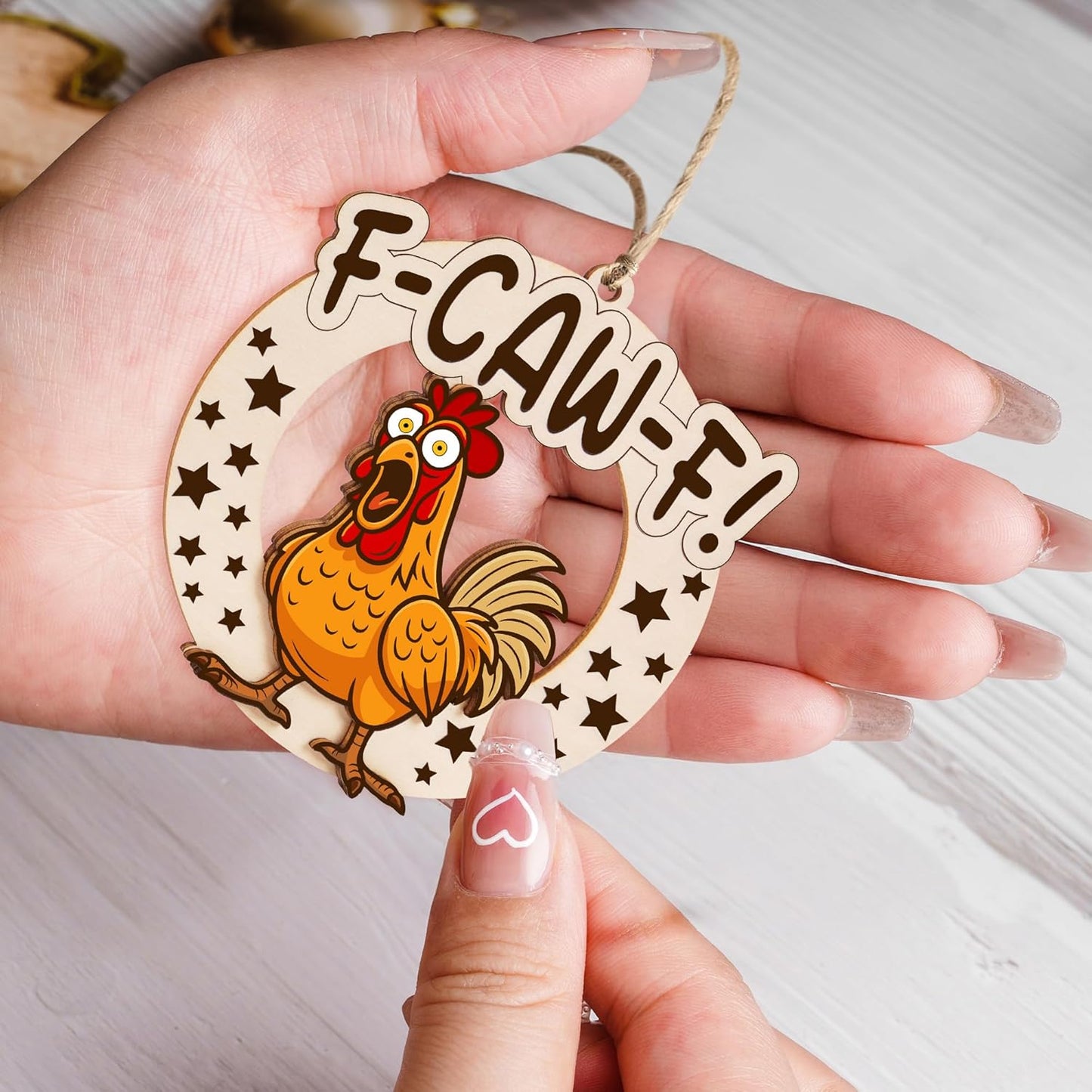 Funny F-Caw-F Chicken Christmas Ornaments, Wooden Fcawf 2-Layer Chicken Ornaments, Unique Gifts for Chickens Lovers, Adults, Women, Christmas Chicken Decor, Farmhouse Xmas Hanging Decorations
