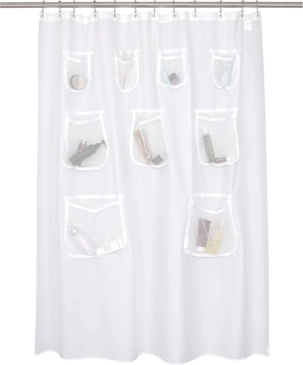Water Repellent Fabric Shower Curtain or Liner with 9 Mesh Pockets - White, 71X72 Inches