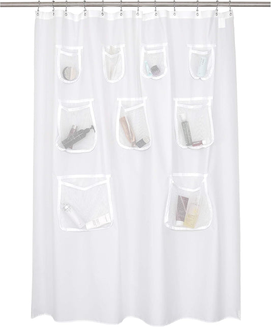 Water Repellent Fabric Shower Curtain or Liner with 9 Mesh Pockets - White, 71X72 Inches