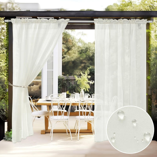 Outdoor Sheer Curtain for Patio Waterproof - 2 Panels Ivory Privacy Drape Voile Curtain Rod Pocket for Porch,Pergola, Cabana, Gazebo, 54 X 84 Inch Long