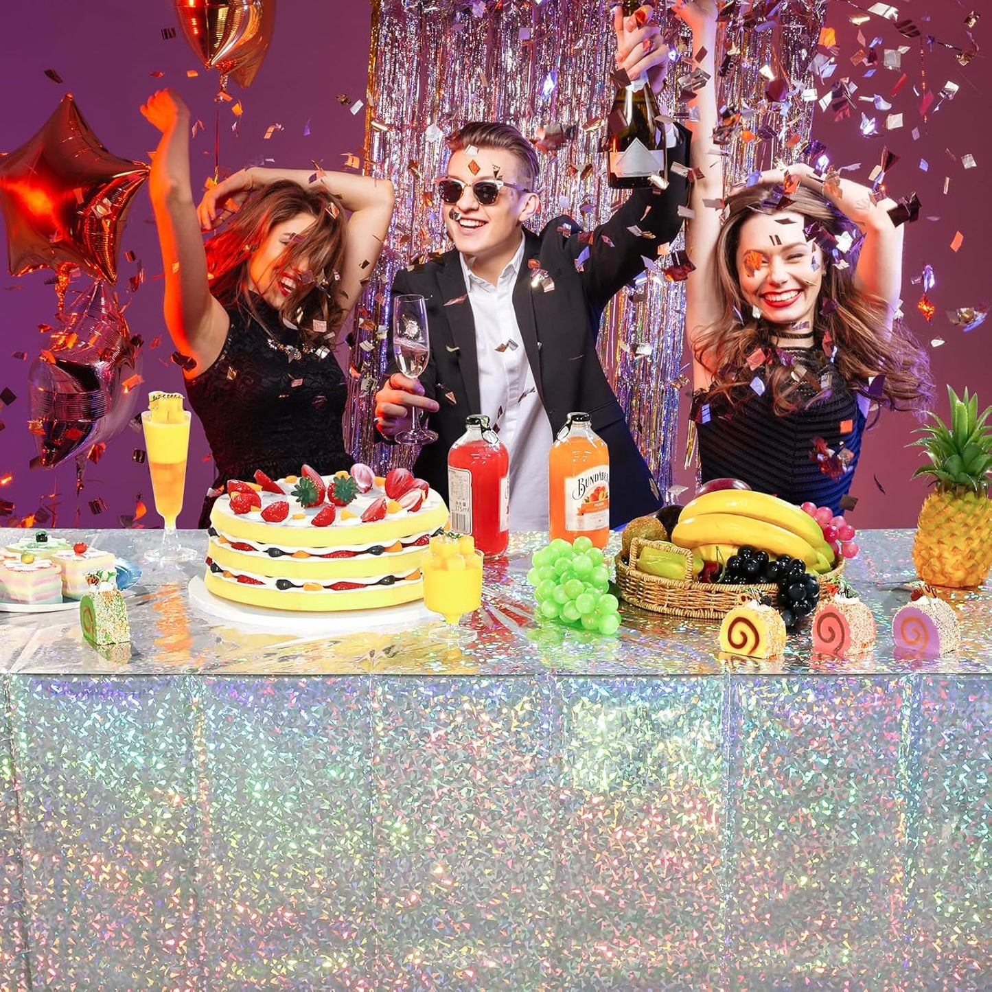 3 Pack New Iridescent Silver Tablecloth Party Decorations, Holographic Silver Glitter Plastic Tablecloth, Disposable Laser Rectangle Table Cover for Disco Birthday 70S Theme Party Decorations, 54X108"