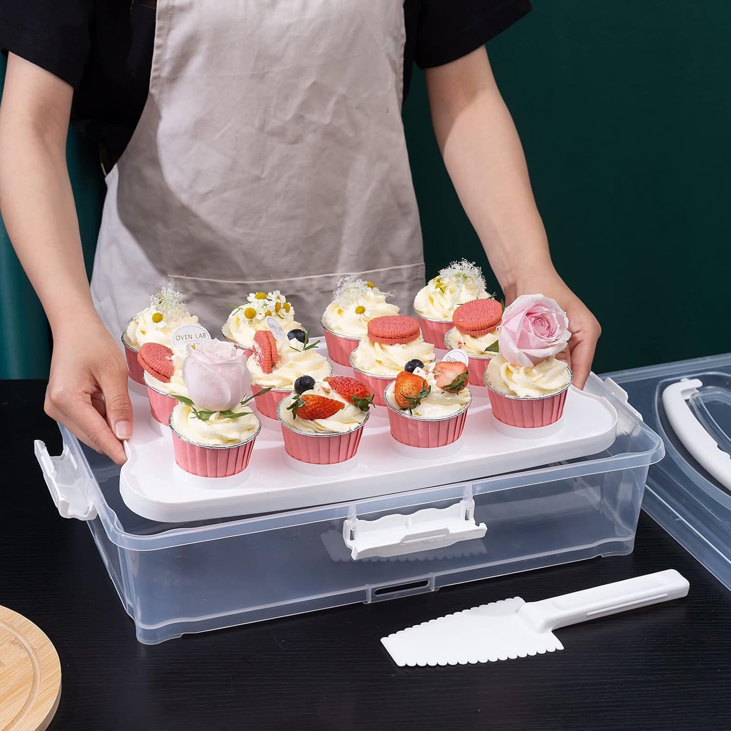 Plastic Cake and Cupcake Carrier Holder, Large Portable Storage Container for Storing 12 Cupcakes or 1 Large Cake, White