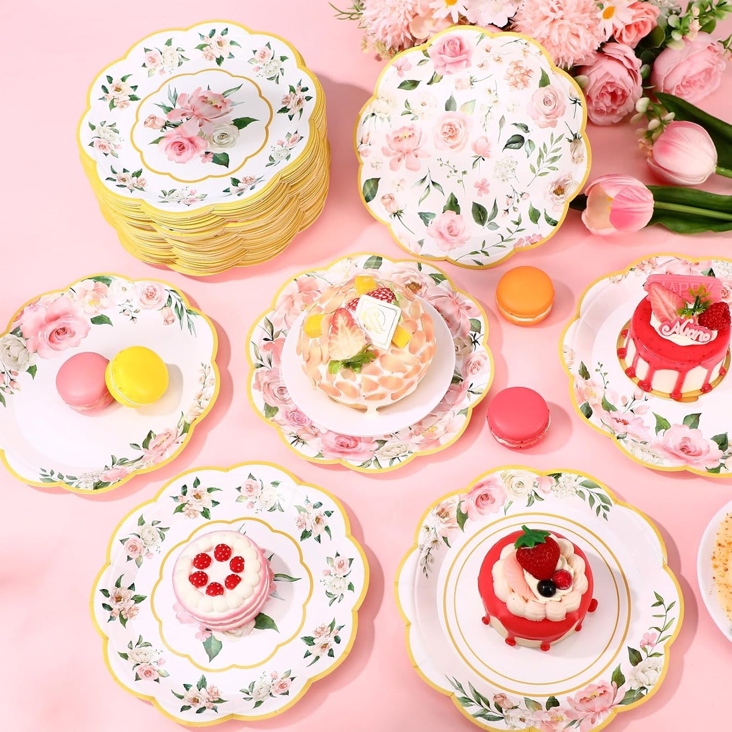 120-Piece Summer Pink Floral Paper Plates, 7-Inch Disposable Tableware for Birthday, Wedding, Baby Shower, Tea Party, and Bridal Shower Decorations