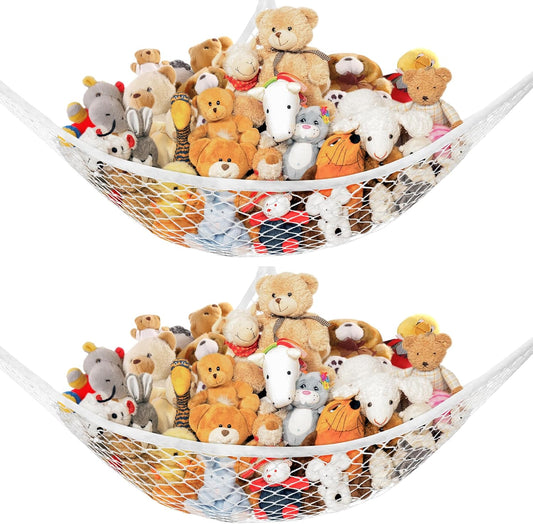 Stuffed Animal Net Hammock for Plushie Toys, Stuffed Animal Hammock Corner for Kids' Room Decor, Ideas for Organizing Stuffy Collection, Easy to Hang with Anchors & Hooks, 2 Packs, White