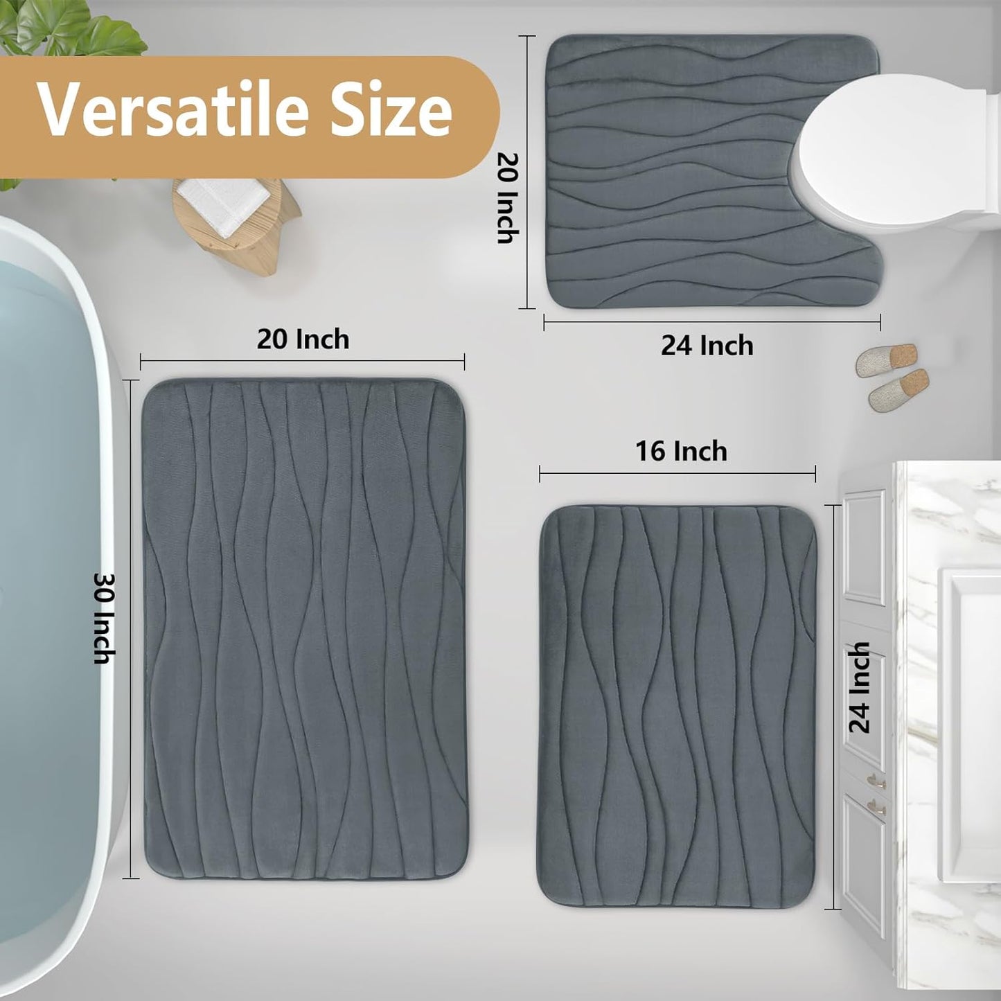 Memory Foam Bathroom Rug Mat 24X16, Extra Soft and Absorbent Bath Mats, Non-Slip and Machine Washable Bath Rugs for Bathroom Floor,Tub and Shower, Dark Grey