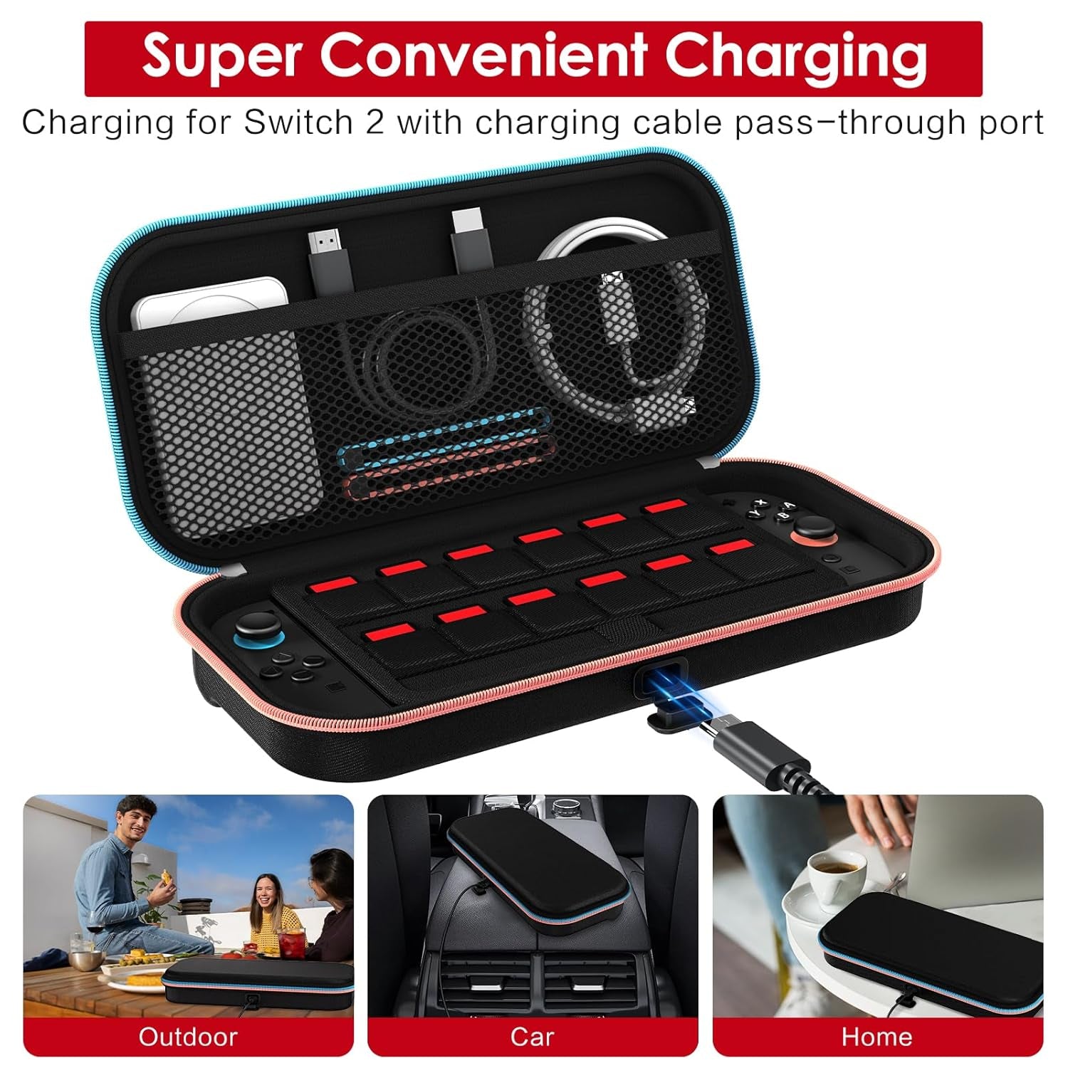 [Charge inside Carrying Case for Nintendo Switch 2 Console 2025, Travel Case with Charging Cable Port, Holds 12 Game Cards Cartridge for Switch 2 Accessories– Black