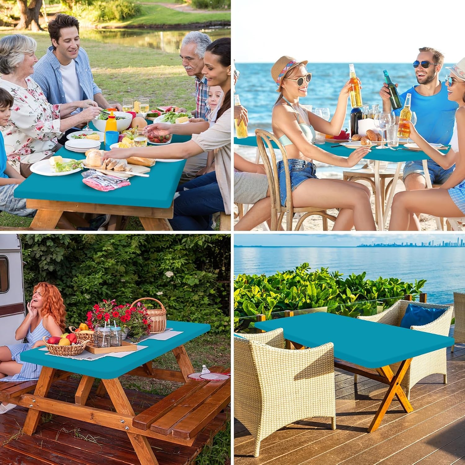 Rectangle Table Cloth Cover, Waterproof Polyester Elastic Fitted Tablecloth, Fits for 6 Foot Folding Tables, Washable Table Protector for Picnic, Camping, Outdoor (Teal, 30" X 72")
