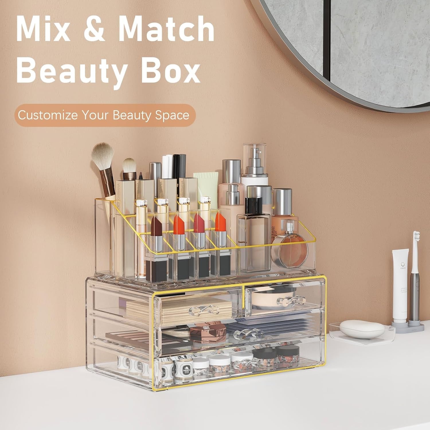 2Pc 4-Drawer Makeup Organizer Countertop Cosmetic Storage for Vanity | Bathroom | Skincare | Perfume Storage, Casual Pairing No Assembly, Ideal Gift for Women, Clear with Luxe Gold Trim