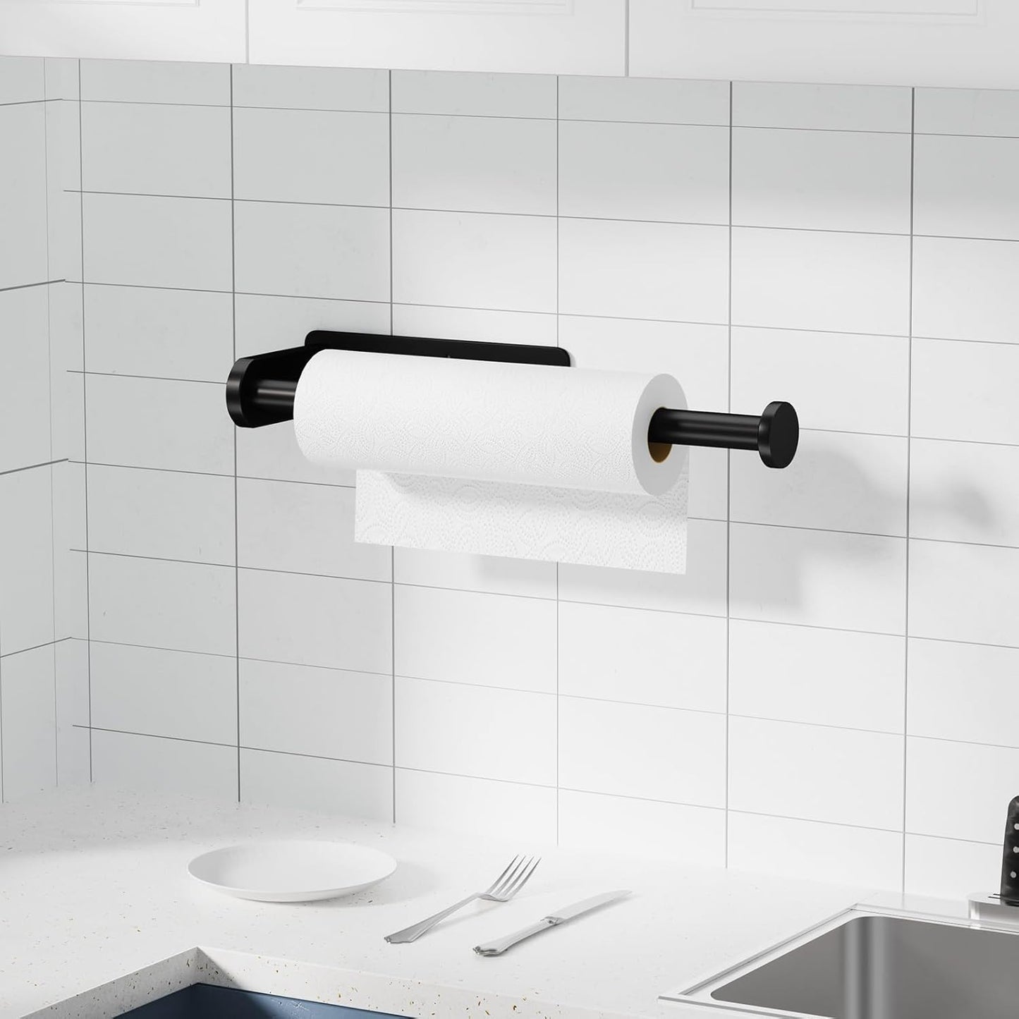 Black Paper Towel Holder under Cabinet, No Drilling under Counter Paper Towel Holder Wall Mount Towel Rack, Adhesive Toilet Paper Roll Holders for Kitchen Bathroom Fridge Pantry Garage RV Essentials