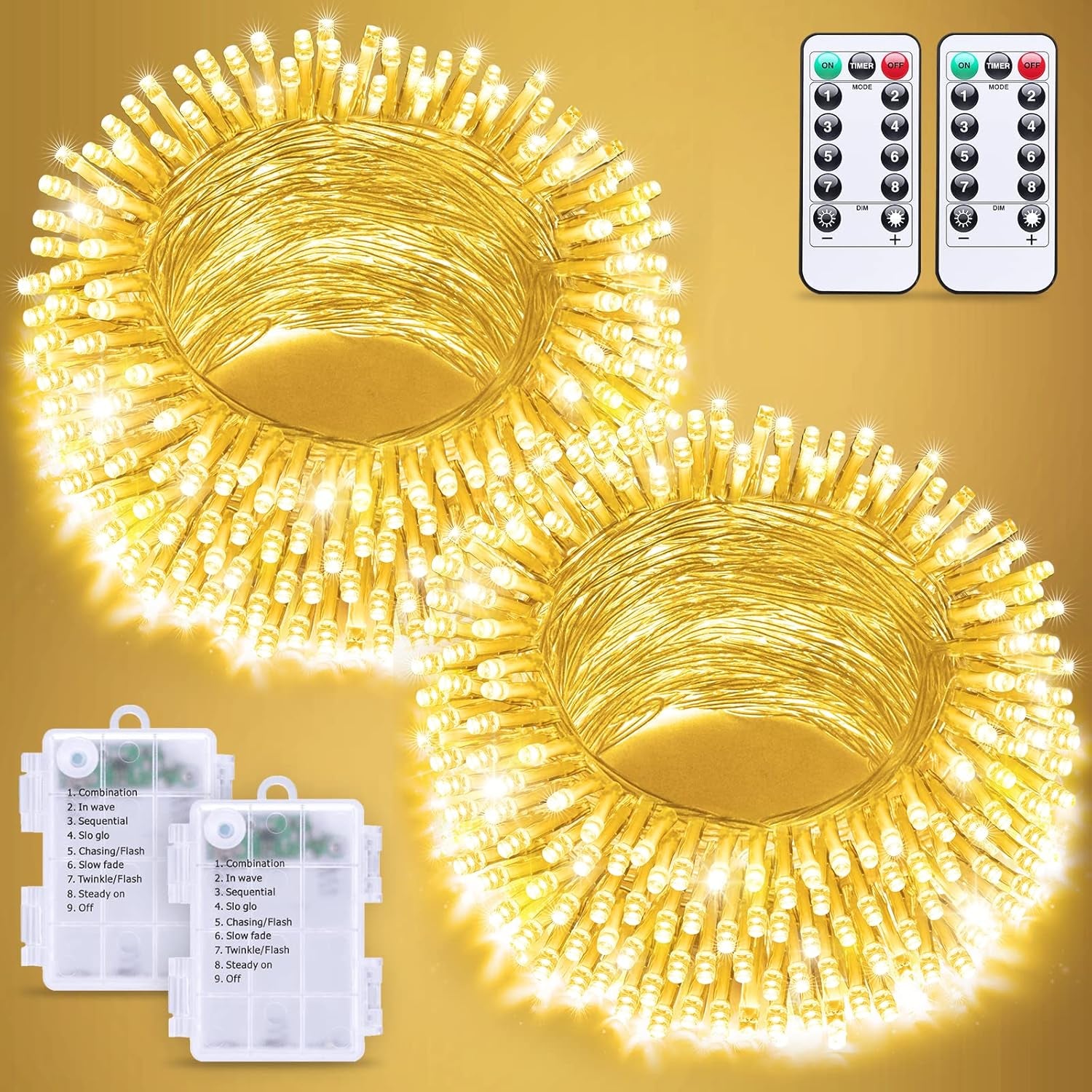 2 Pack Battery Operated String Lights with Remote, Total 66Ft 200 LED Classroom Lights, Battery Christmas Light Outdoor Indoor for Bedroom Classroom Dorm Yard Tree Party Decor(Warm White)