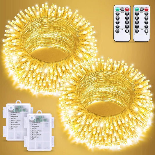 2 Pack Battery Operated String Lights with Remote, Total 66Ft 200 LED Classroom Lights, Battery Christmas Light Outdoor Indoor for Bedroom Classroom Dorm Yard Tree Party Decor(Warm White)