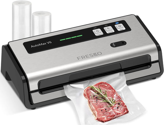 Food Vacuum Sealer with Automatic Bag Detection, Double Heat Seal, Built-In Bag Roll Storage & Cutter, 2 Rolls Bags, Starter Kit