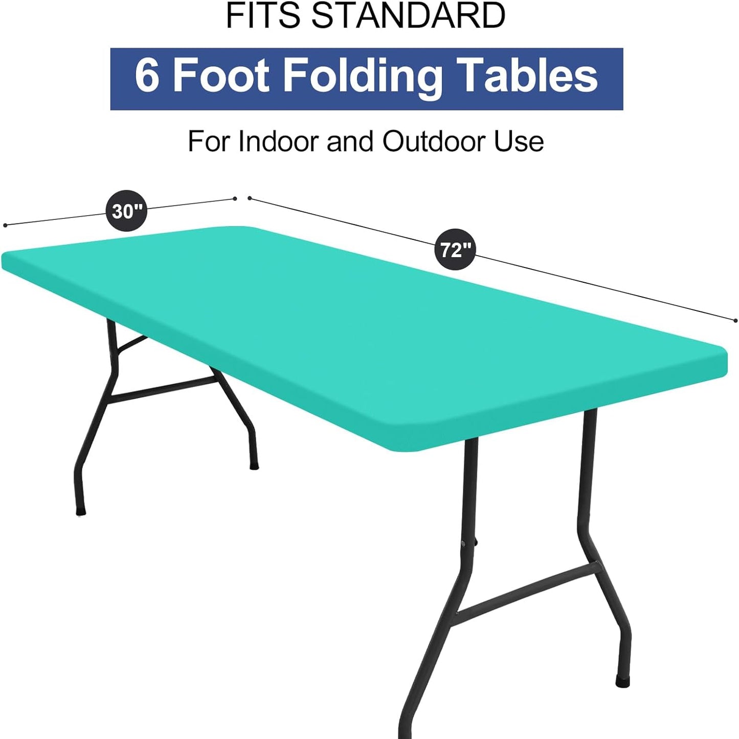2 Pack 6 Foot Rectangle Elastic Fitted Tablecloth, Waterproof Fabric Table Cover, Washable Polyester Table Cloth for Picnic, Camping, Outdoor (Teal, 30" X 72")