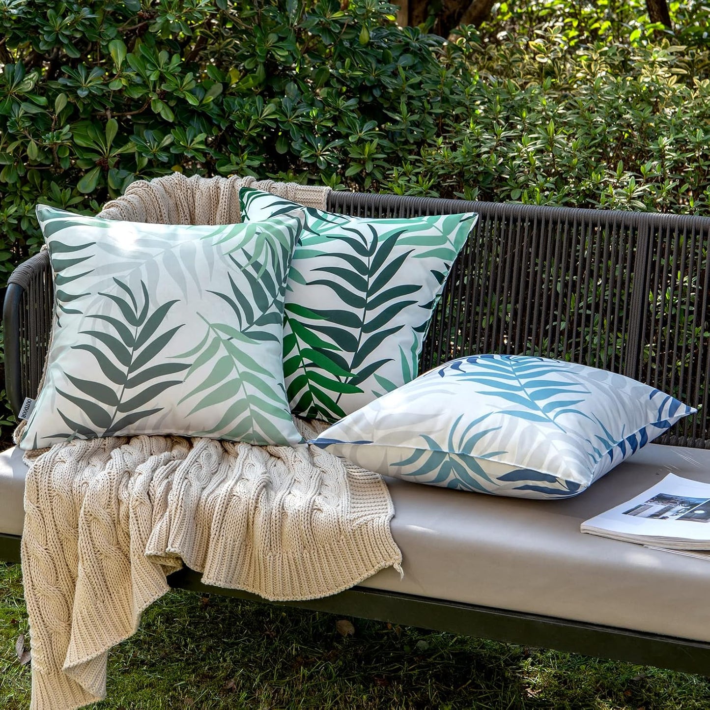 Pack of 2 Spring Outdoor Waterproof Throw Pillow Covers Decorative Patio Pillow Cases Natural Leaves Pattern Spring Square Cushion Shams Shell for Garden Balcony Couch 18X18 Inch, Greyish Green